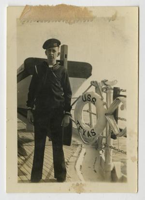 Primary view of object titled '[Photograph of Gene Rogers on U.S.S. Texas]'.