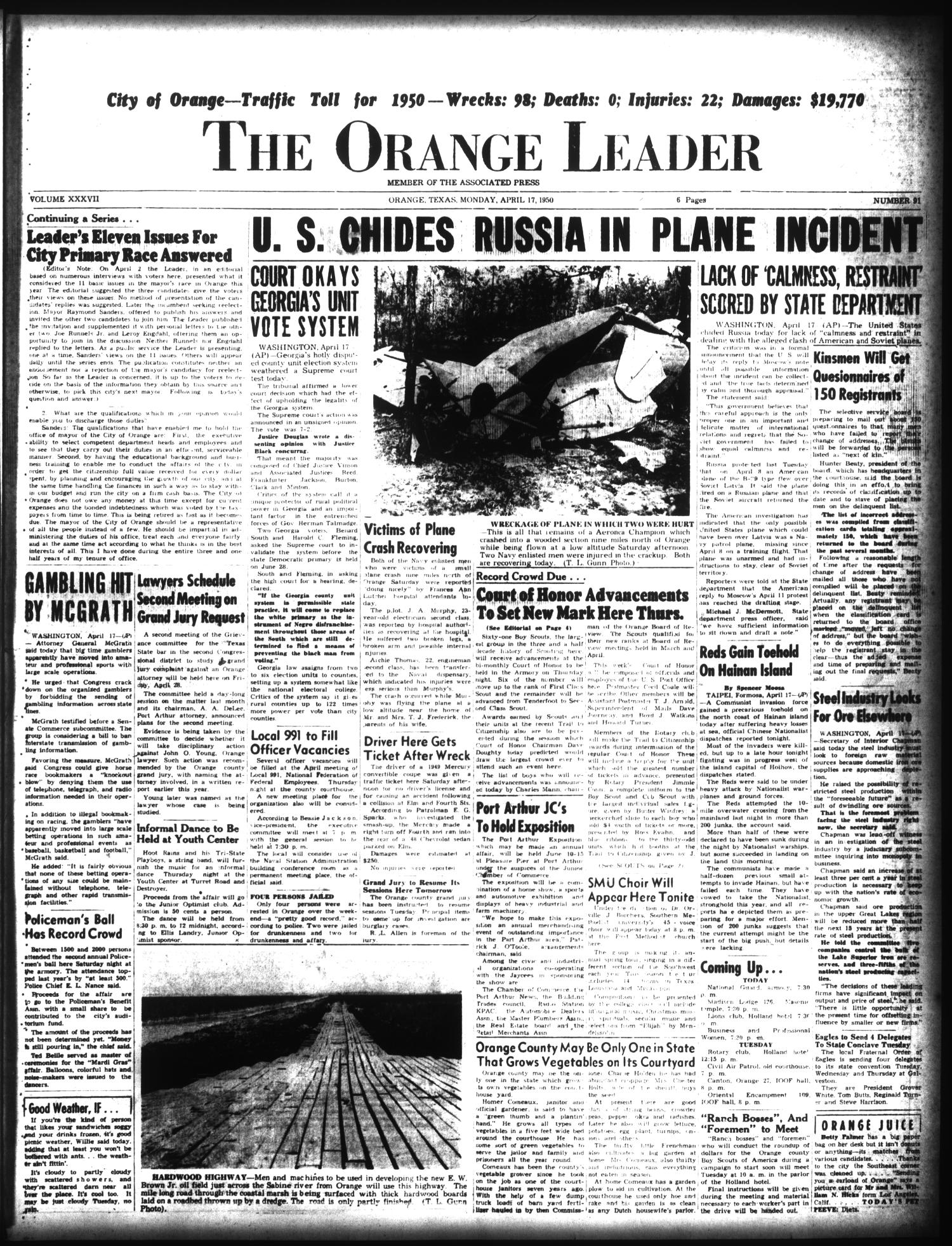 The Orange Leader (Orange, Tex.), Vol. 37, No. 91, Ed. 1 Monday, April 17, 1950
                                                
                                                    [Sequence #]: 1 of 6
                                                