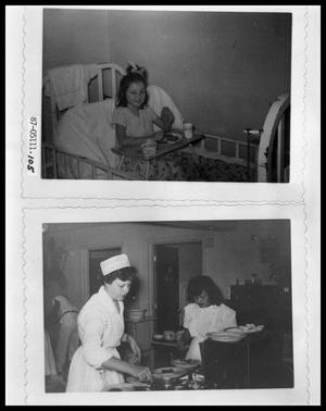 Child in Bed Eating Meal; Nurses Preparing Meal Trays
