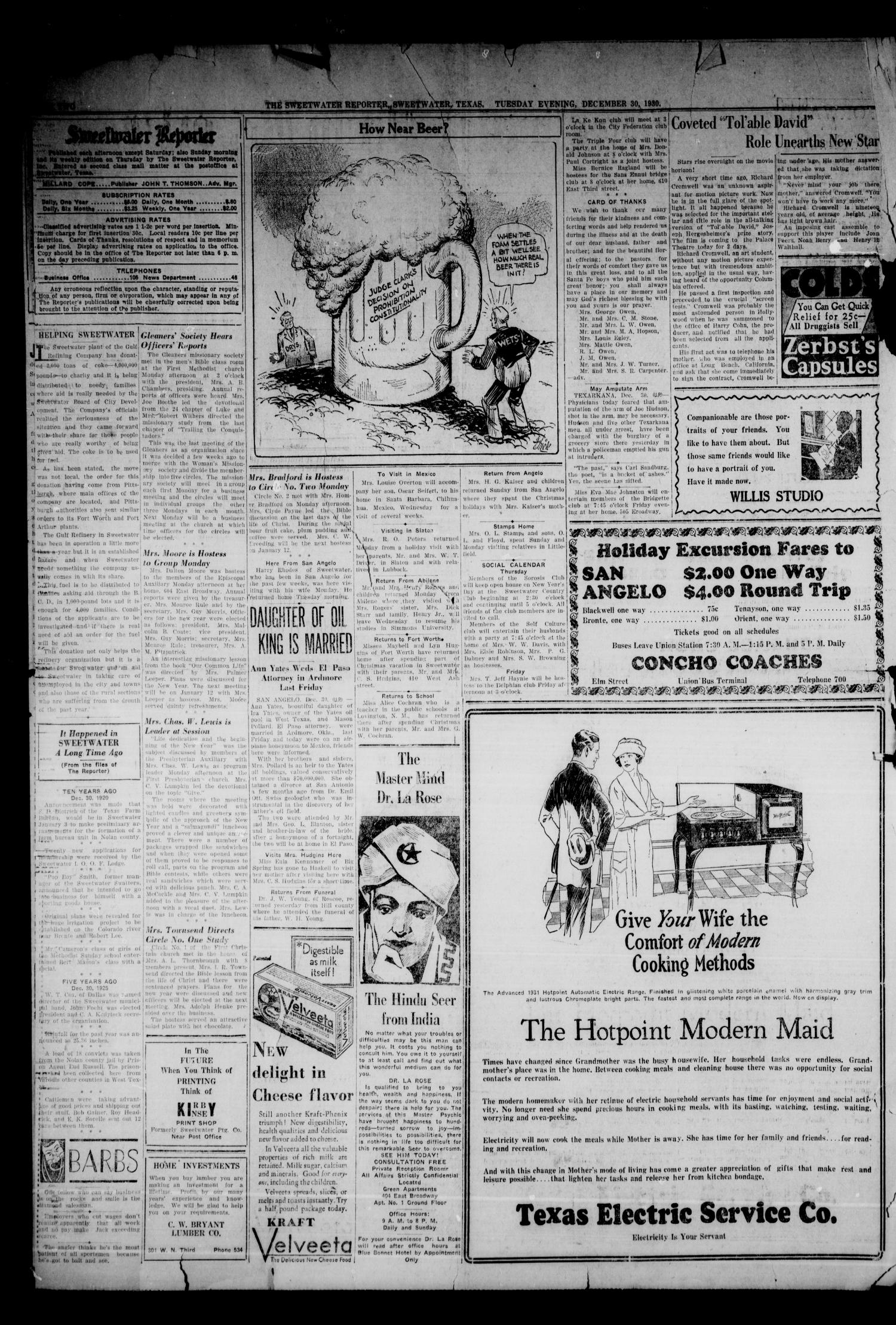 Sweetwater Daily Reporter (Sweetwater, Tex.), Vol. 10, No. 284, Ed. 1 Tuesday, December 30, 1930
                                                
                                                    [Sequence #]: 2 of 4
                                                