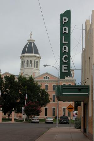Presidio County Courthouse, Marfa, and the sign for the Palace Theatre