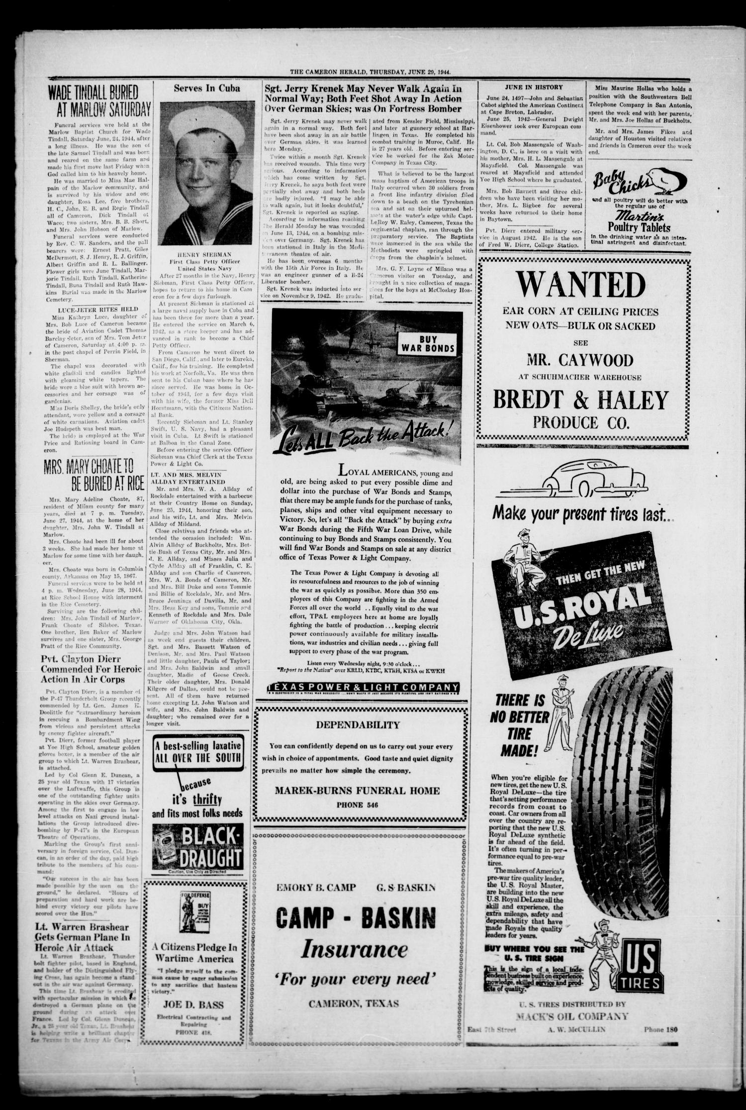 The Cameron Herald (Cameron, Tex.), Vol. 85, No. 12, Ed. 1 Thursday, June 29, 1944
                                                
                                                    [Sequence #]: 6 of 8
                                                