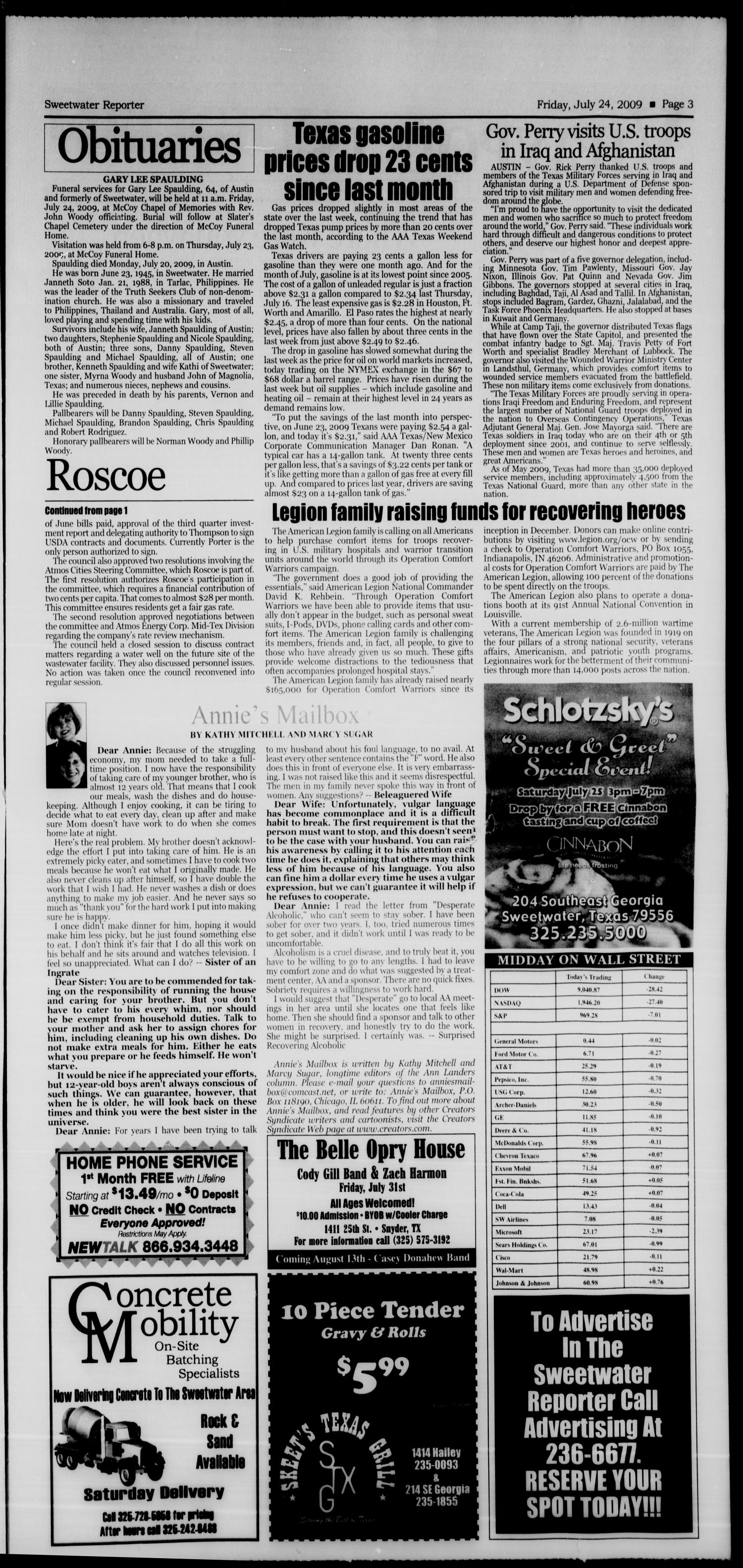 Sweetwater Reporter (Sweetwater, Tex.), Vol. 111, No. 212, Ed. 1 Friday, July 24, 2009
                                                
                                                    [Sequence #]: 3 of 28
                                                