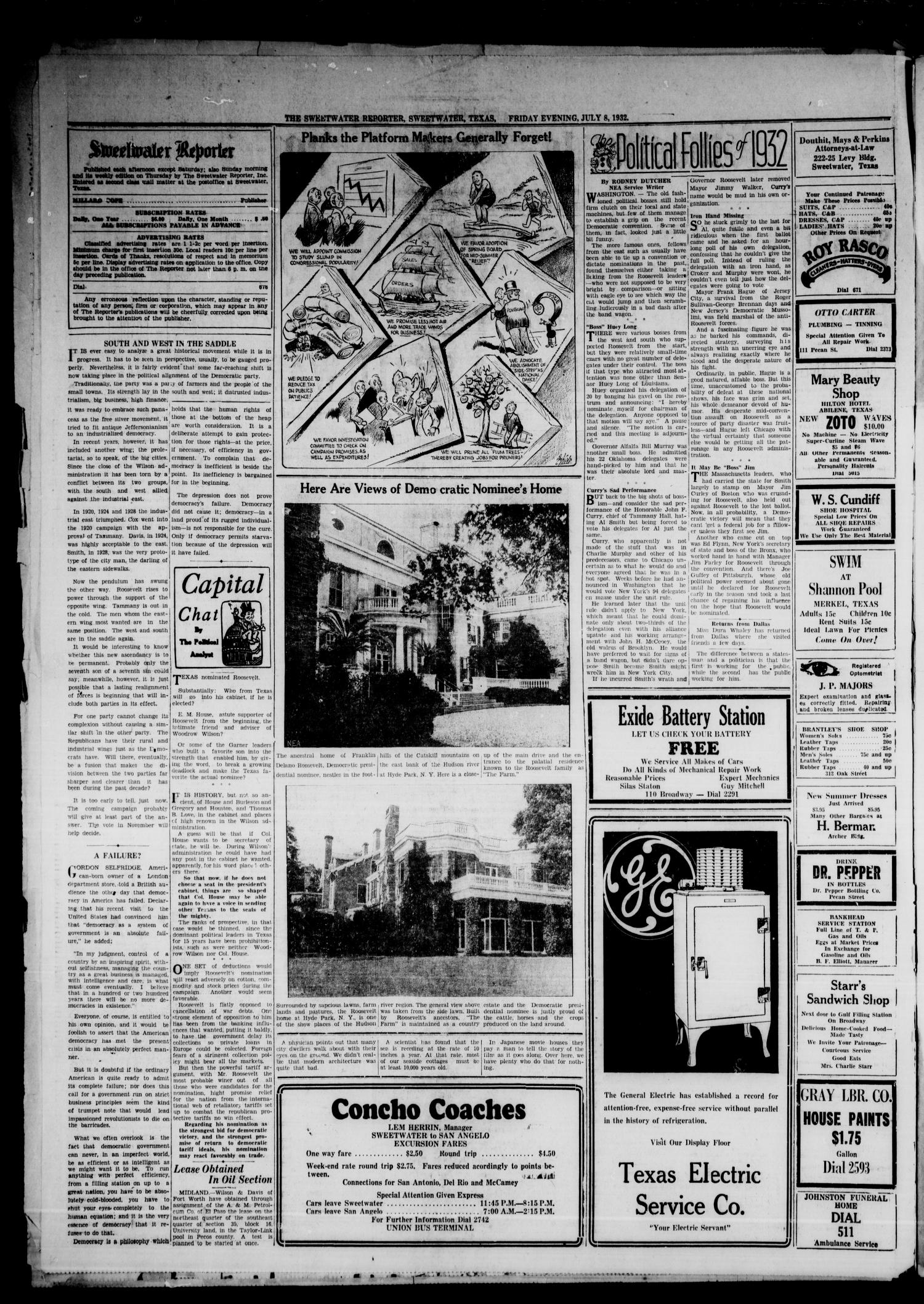 Sweetwater Daily Reporter (Sweetwater, Tex.), Vol. 12, No. 135, Ed. 1 Friday, July 8, 1932
                                                
                                                    [Sequence #]: 4 of 10
                                                