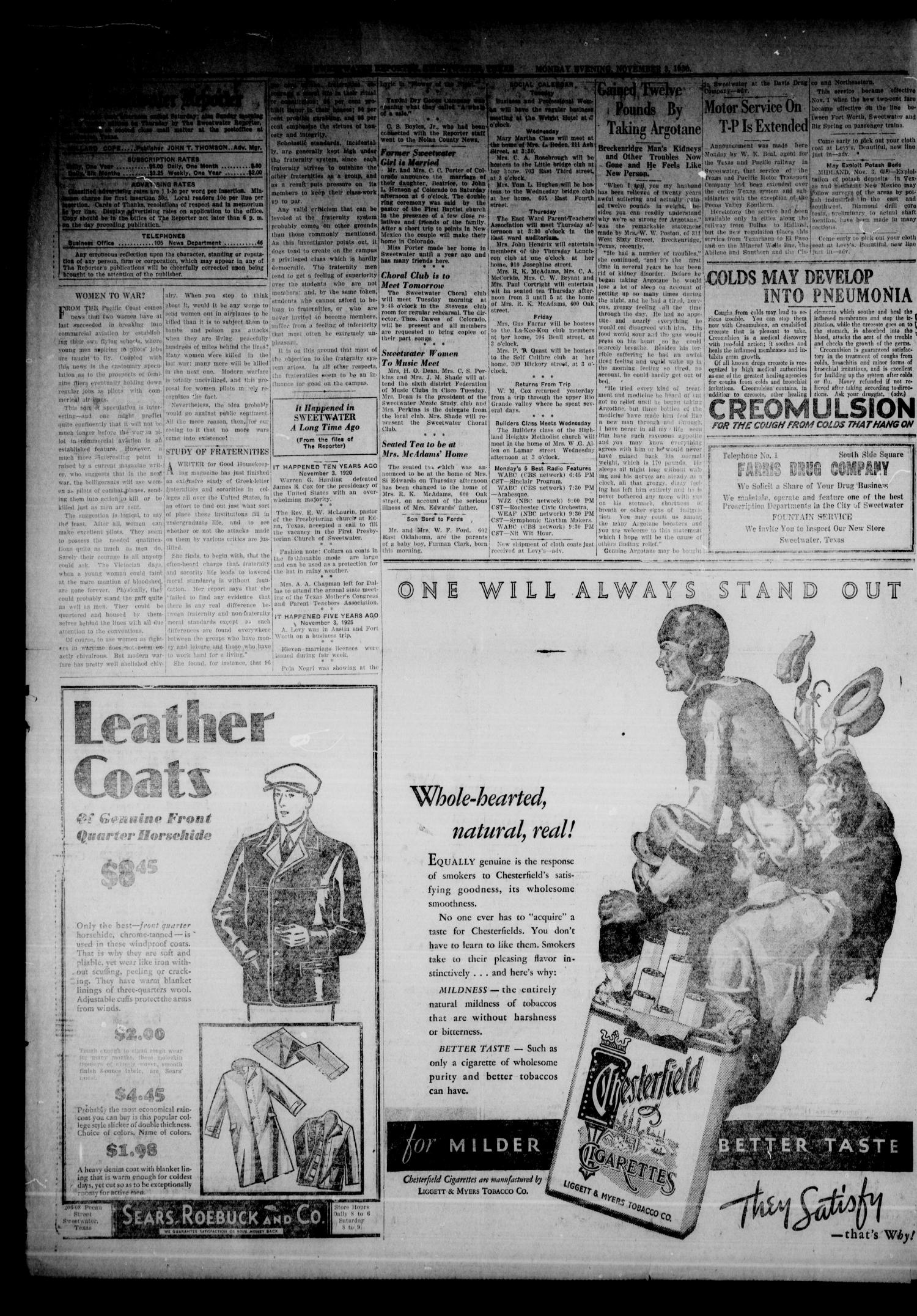 Sweetwater Daily Reporter (Sweetwater, Tex.), Vol. 10, No. 235, Ed. 1 Monday, November 3, 1930
                                                
                                                    [Sequence #]: 2 of 4
                                                