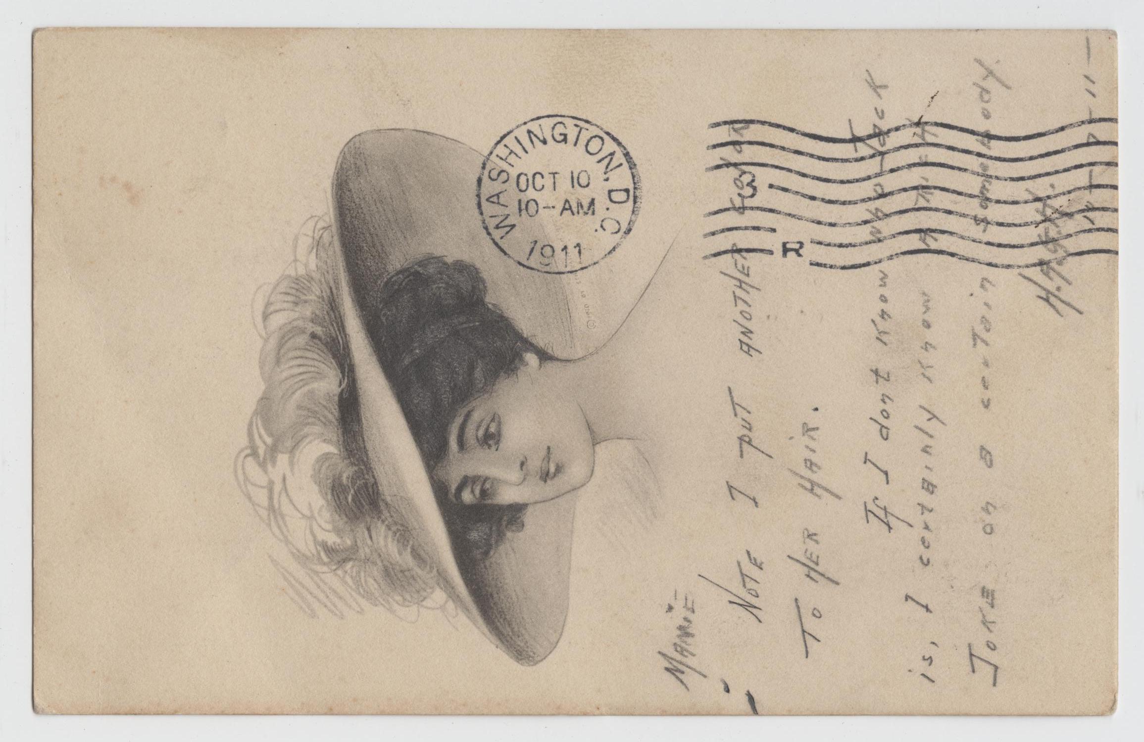 [Postcard of a Charcoal Sketch of a Woman Wearing a Hat]
                                                
                                                    [Sequence #]: 1 of 2
                                                