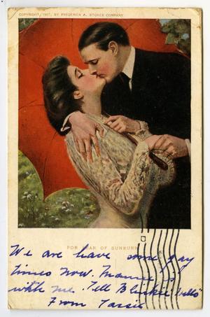 Primary view of object titled '[Postcard of Man and Woman Kissing]'.
