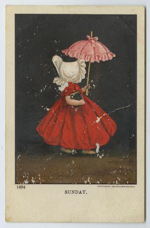 [Postcard of Young Girl In Red Dress Carrying a Black Book]