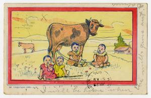Primary view of object titled '[Postcard of Babies and a Cow]'.