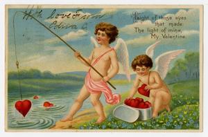 [Postcard of Two Valentine's Day Angels Fishing]