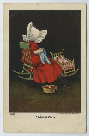 [Postcard of Young Girl In Red Dress Sewing a Doll's Onesie]