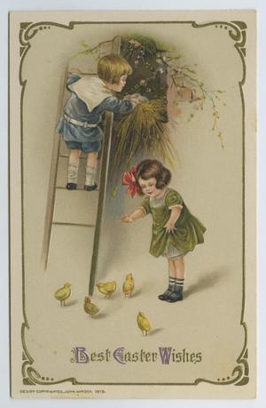[Postcard of Two Children Looking at Eggs and Chicks]