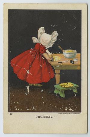 [Postcard of Young Girl In Red Dress Rolling Dough]