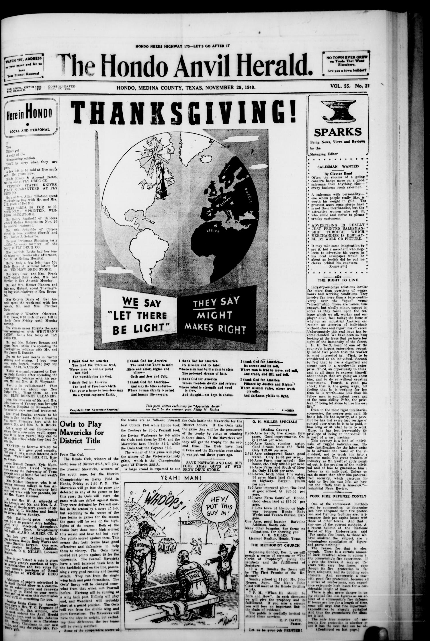 The Hondo Anvil Herald. (Hondo, Tex.), Vol. 55, No. 21, Ed. 1 Friday, November 29, 1940
                                                
                                                    [Sequence #]: 1 of 8
                                                