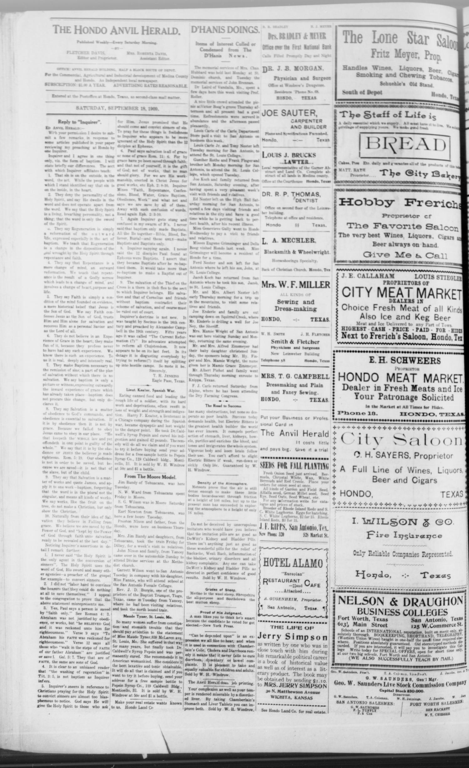 The Hondo Anvil Herald. (Hondo, Tex.), Vol. 24, No. 6, Ed. 1 Saturday, September 18, 1909
                                                
                                                    [Sequence #]: 2 of 8
                                                