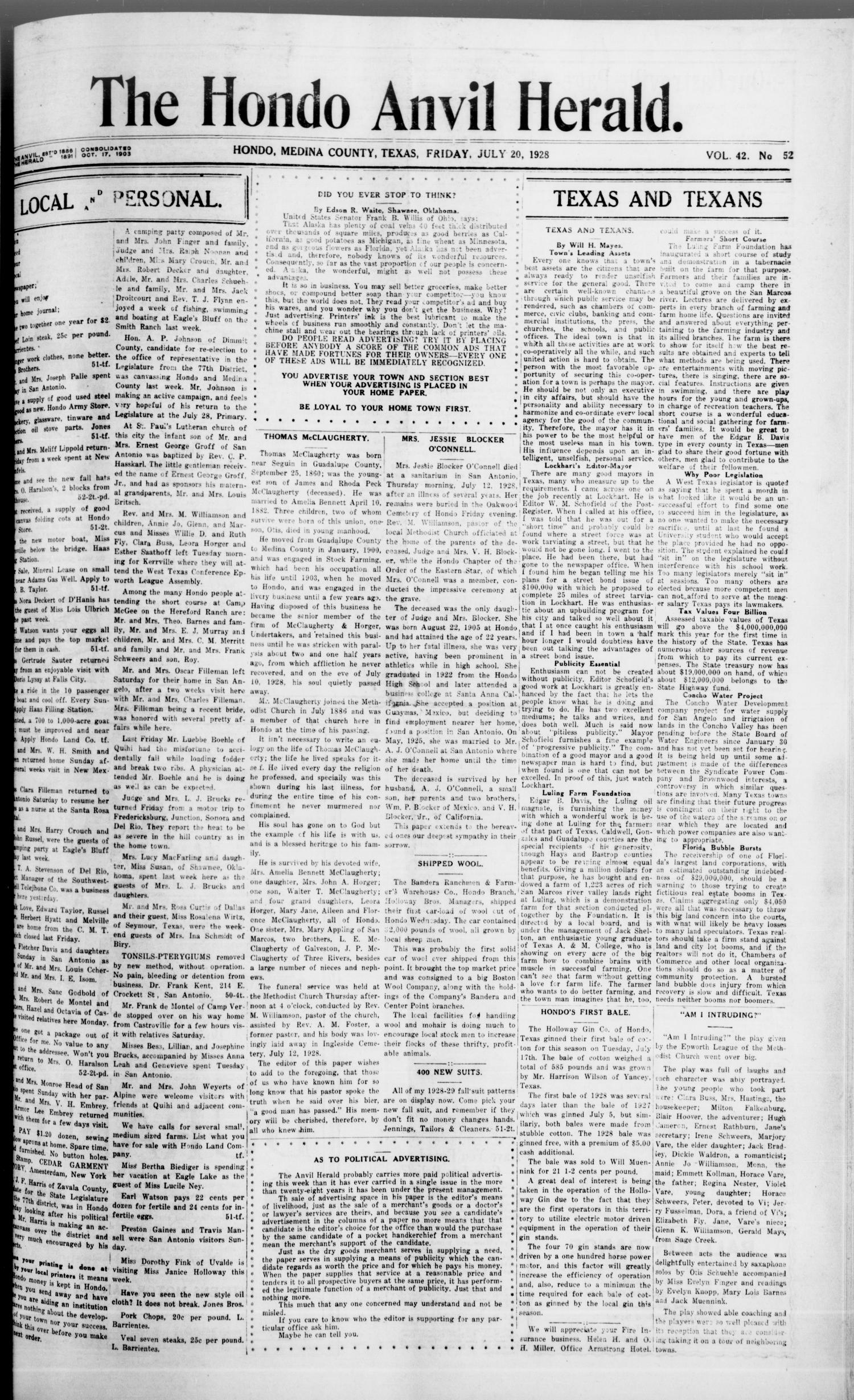 The Hondo Anvil Herald. (Hondo, Tex.), Vol. 42, No. 52, Ed. 1 Friday, July 20, 1928
                                                
                                                    [Sequence #]: 1 of 8
                                                
