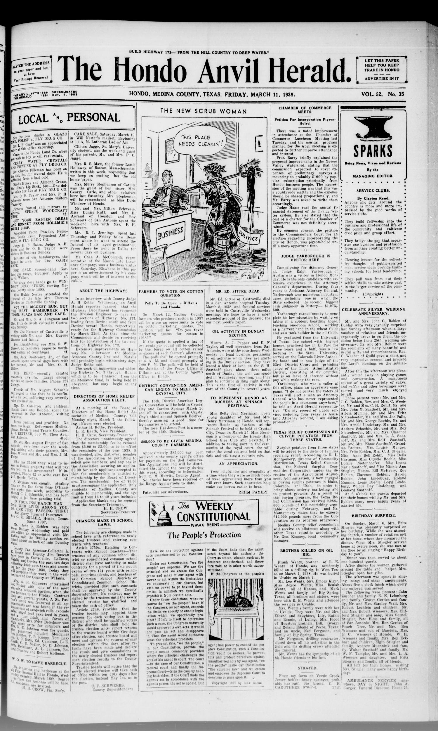 The Hondo Anvil Herald Hondo Tex Vol 52 No 35 Ed 1 Friday March 11 1938 Page 1 Of 9 The Portal To Texas History