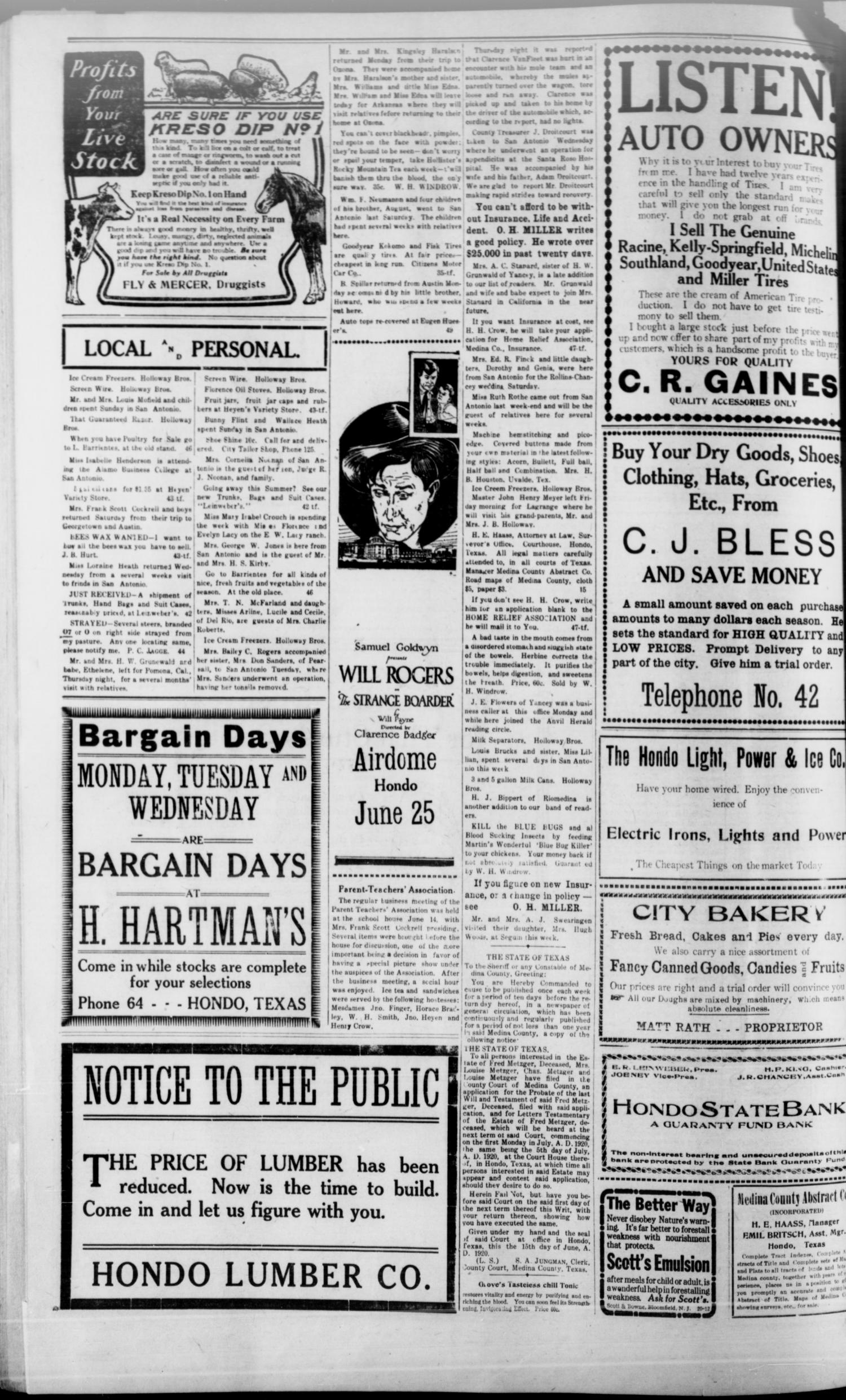 The Hondo Anvil Herald. (Hondo, Tex.), Vol. 34, No. 47, Ed. 1 Saturday, June 19, 1920
                                                
                                                    [Sequence #]: 4 of 10
                                                