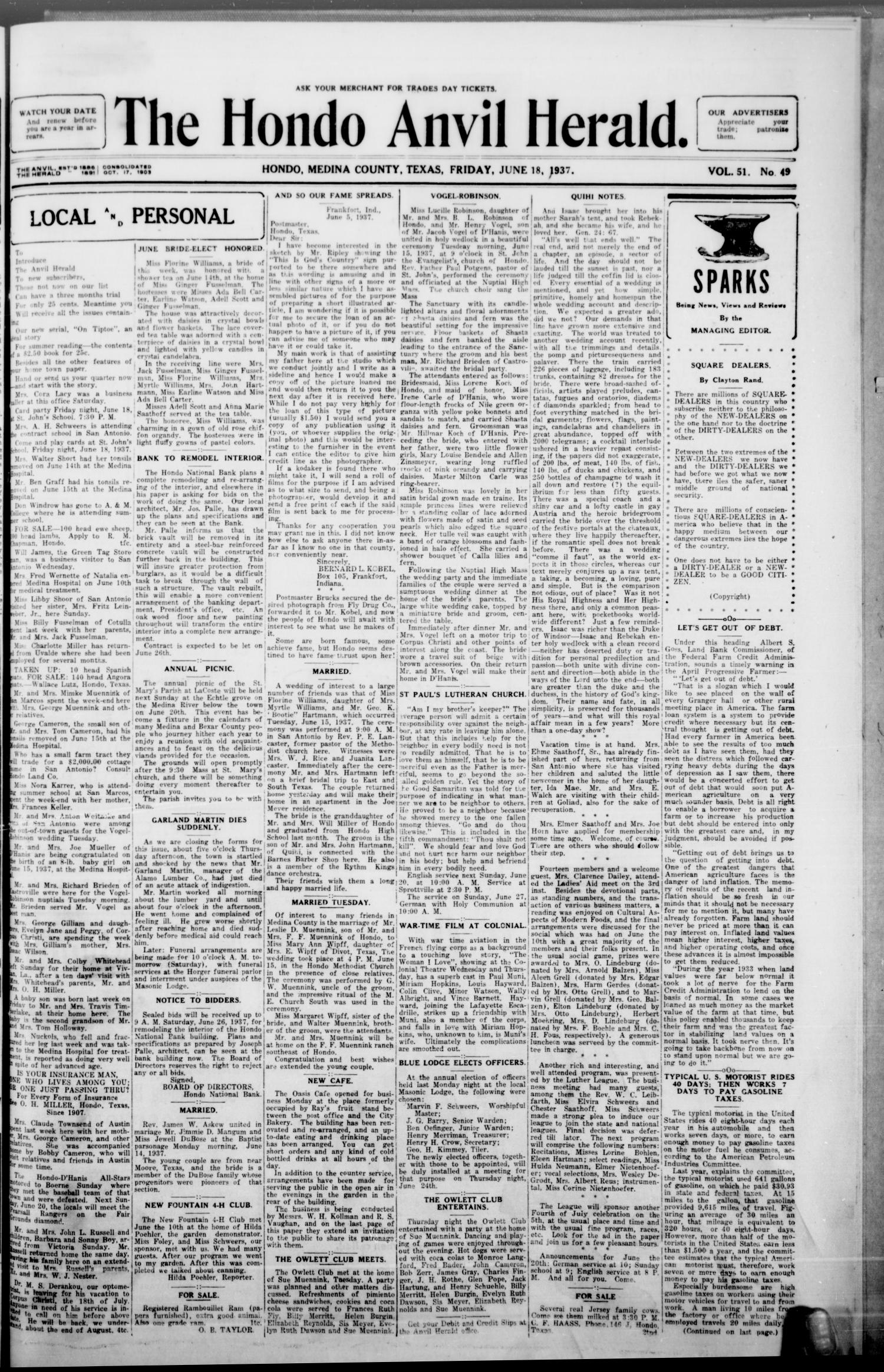 The Hondo Anvil Herald. (Hondo, Tex.), Vol. 51, No. 49, Ed. 1 Friday, June 18, 1937
                                                
                                                    [Sequence #]: 1 of 8
                                                