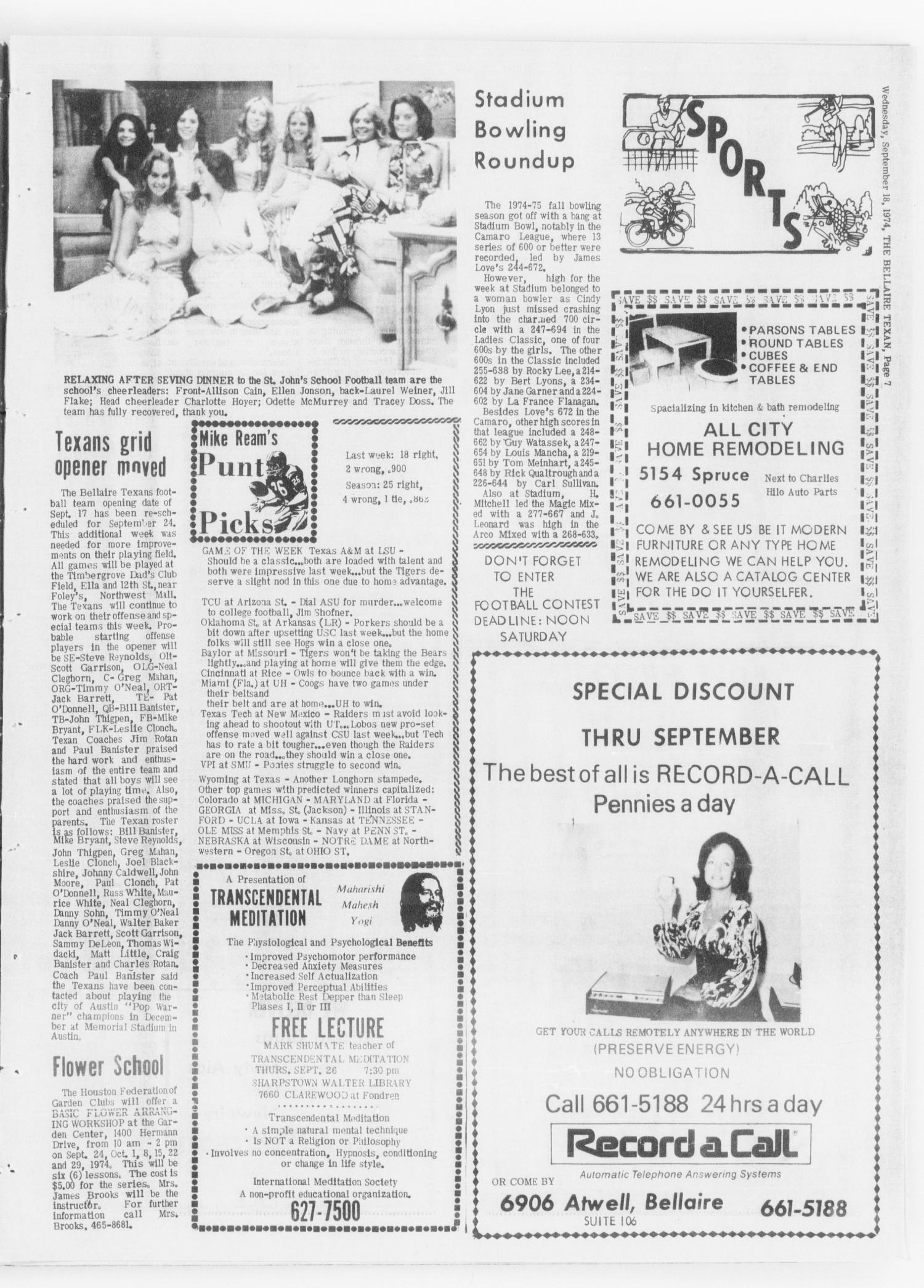 The Bellaire & Southwestern Texan (Bellaire, Tex.), Vol. 21, No. 24, Ed. 1 Wednesday, September 18, 1974
                                                
                                                    [Sequence #]: 7 of 24
                                                