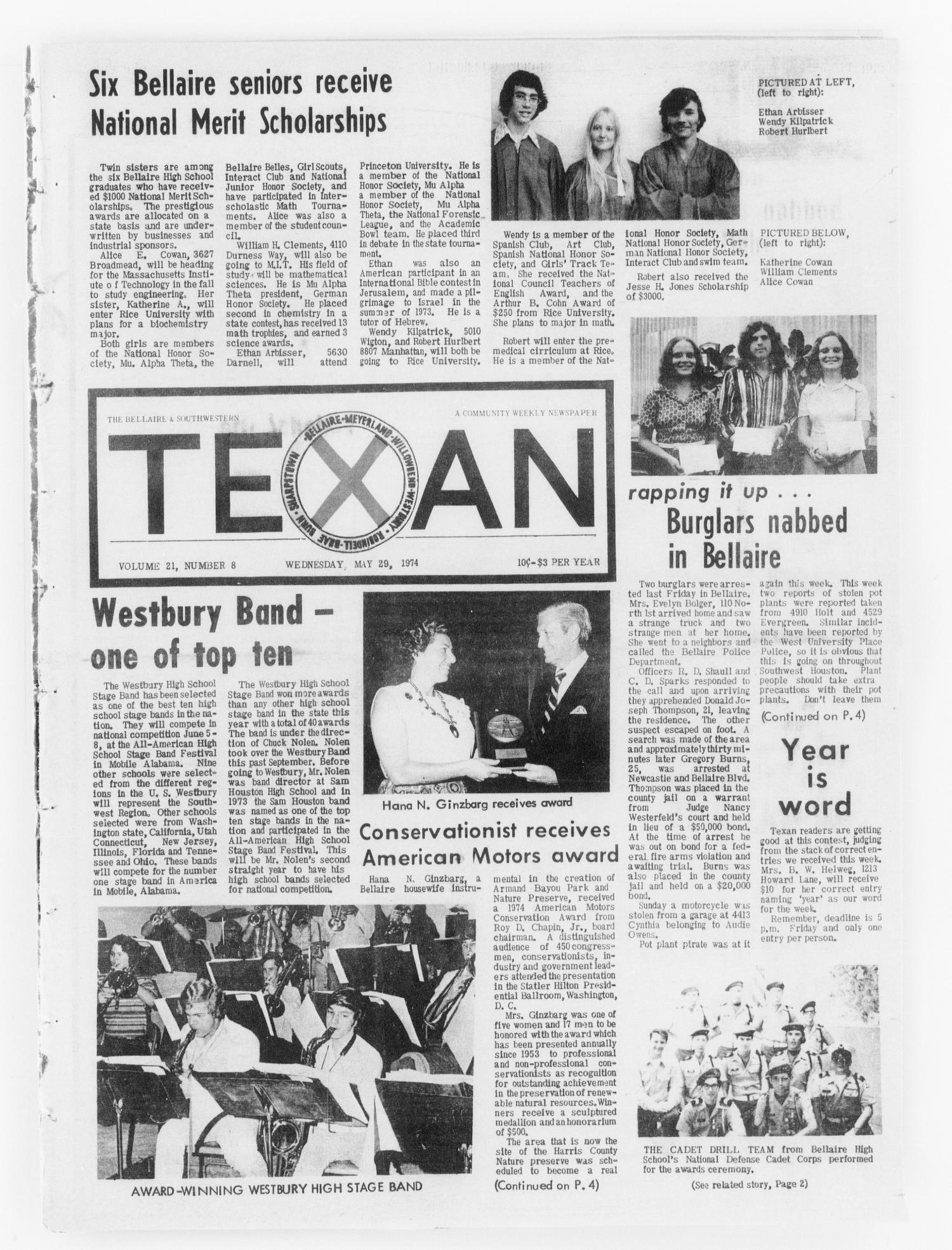 The Bellaire & Southwestern Texan (Bellaire, Tex.), Vol. 21, No. 8, Ed. 1 Wednesday, May 29, 1974
                                                
                                                    [Sequence #]: 1 of 24
                                                