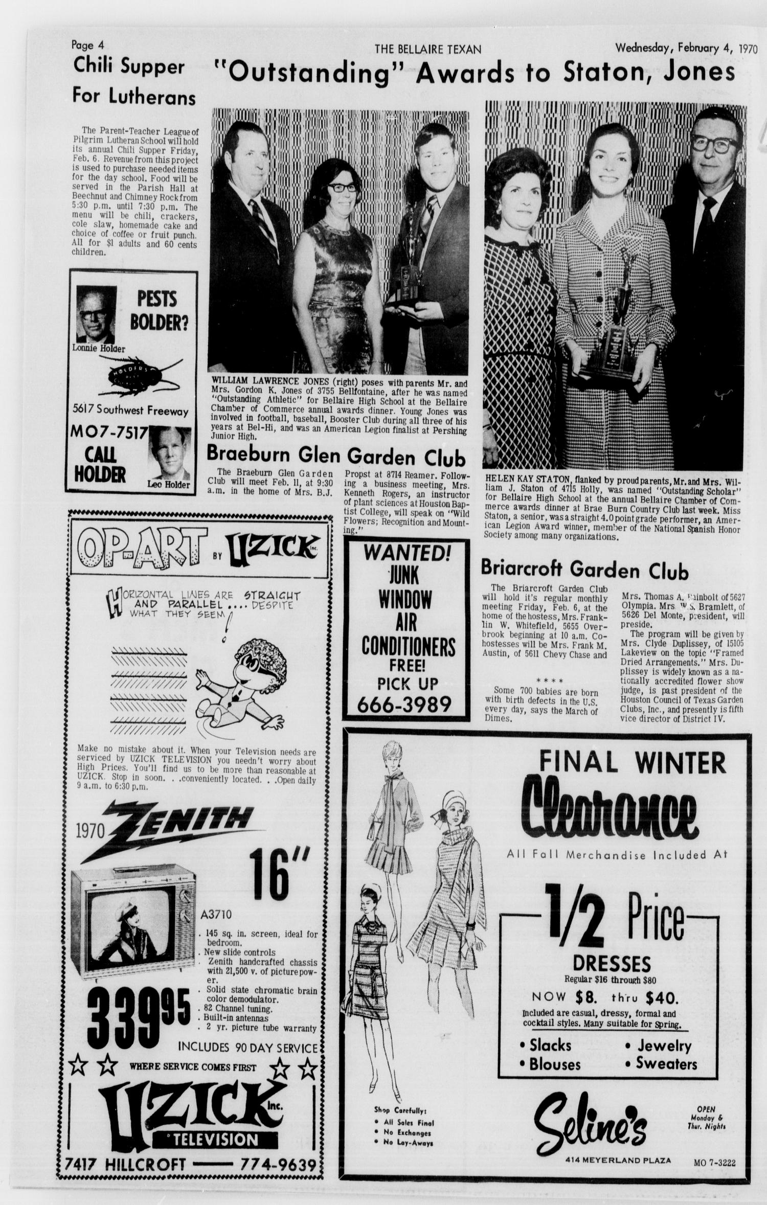 The Bellaire & Southwestern Texan (Bellaire, Tex.), Vol. 16, No. 51, Ed. 1 Wednesday, February 4, 1970
                                                
                                                    [Sequence #]: 4 of 32
                                                