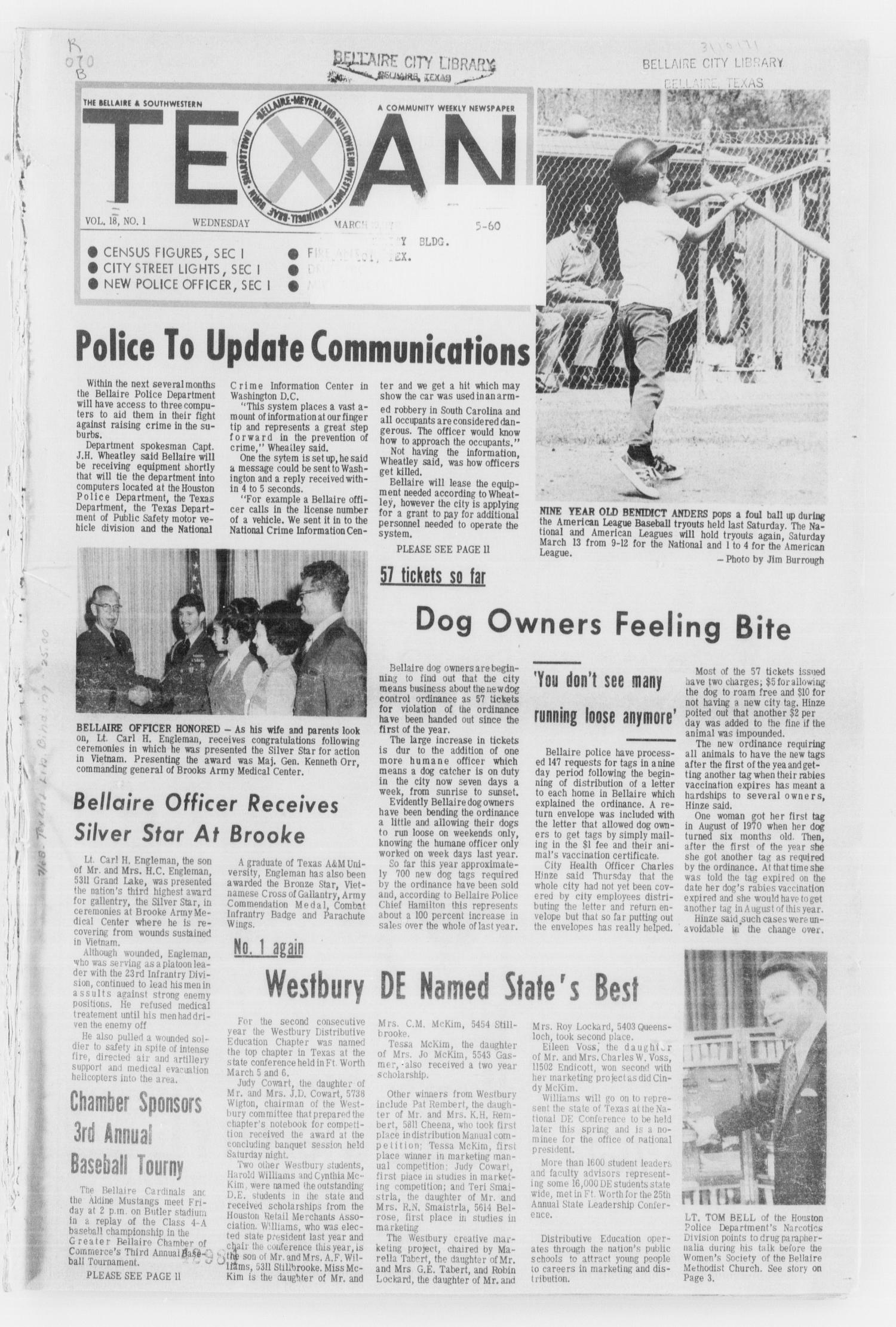 The Bellaire & Southwestern Texan (Bellaire, Tex.), Vol. 18, No. 1, Ed. 1 Wednesday, March 10, 1971
                                                
                                                    [Sequence #]: 1 of 38
                                                