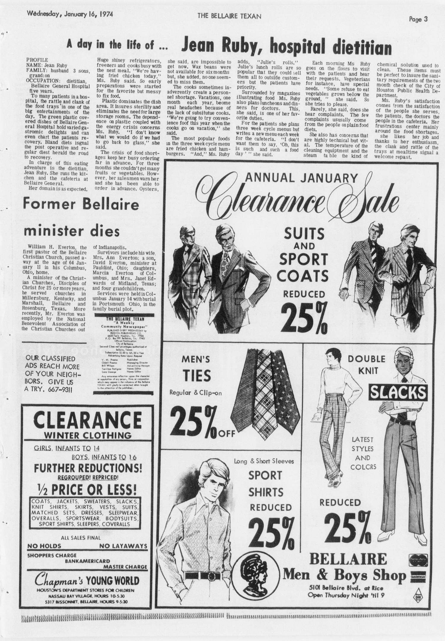 The Bellaire & Southwestern Texan (Bellaire, Tex.), Vol. 20, No. 42, Ed. 1 Wednesday, January 16, 1974
                                                
                                                    [Sequence #]: 3 of 23
                                                