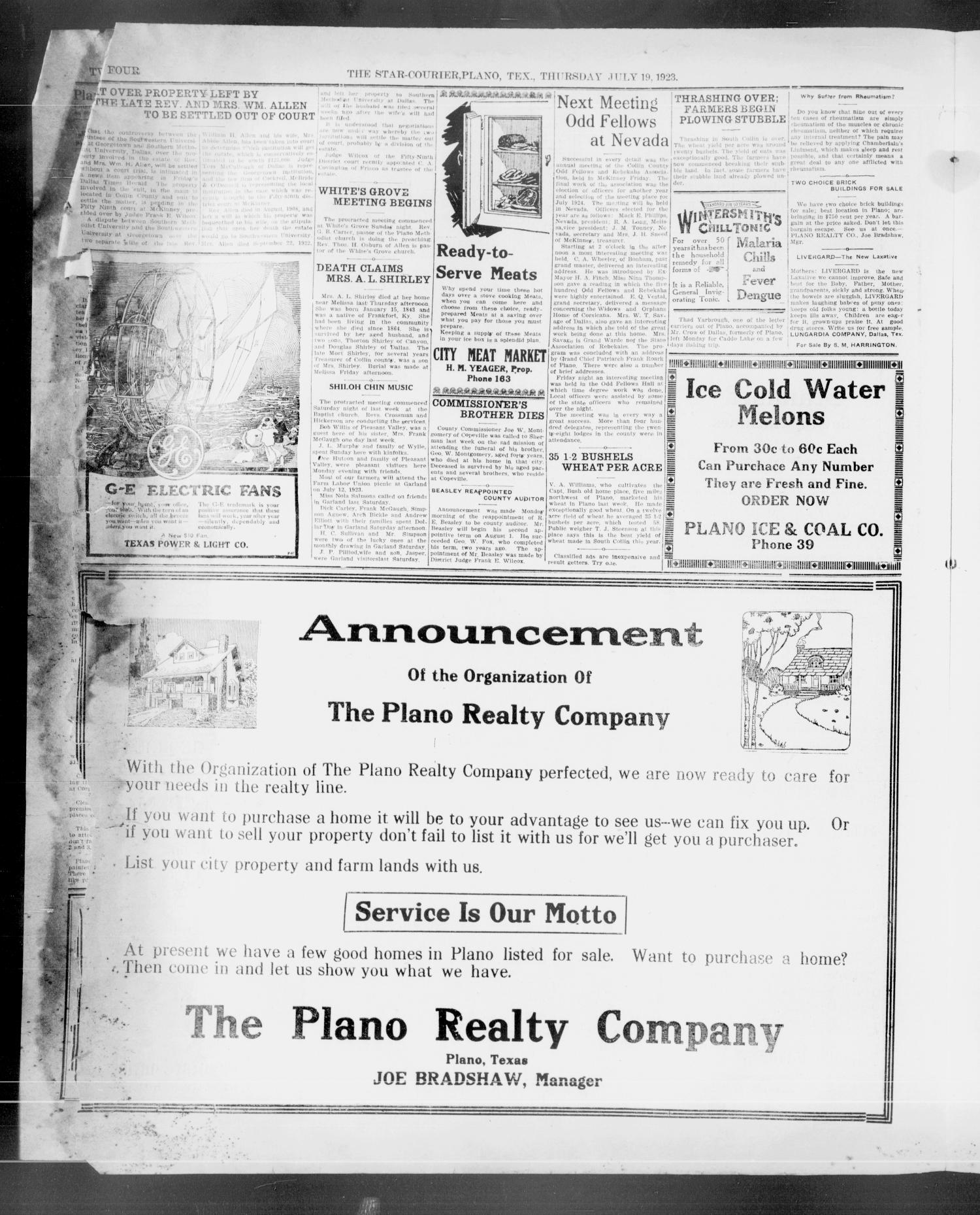 The Plano Star-Courier (Plano, Tex.), Vol. 44, No. 23, Ed. 1 Thursday, July 19, 1923
                                                
                                                    [Sequence #]: 4 of 8
                                                