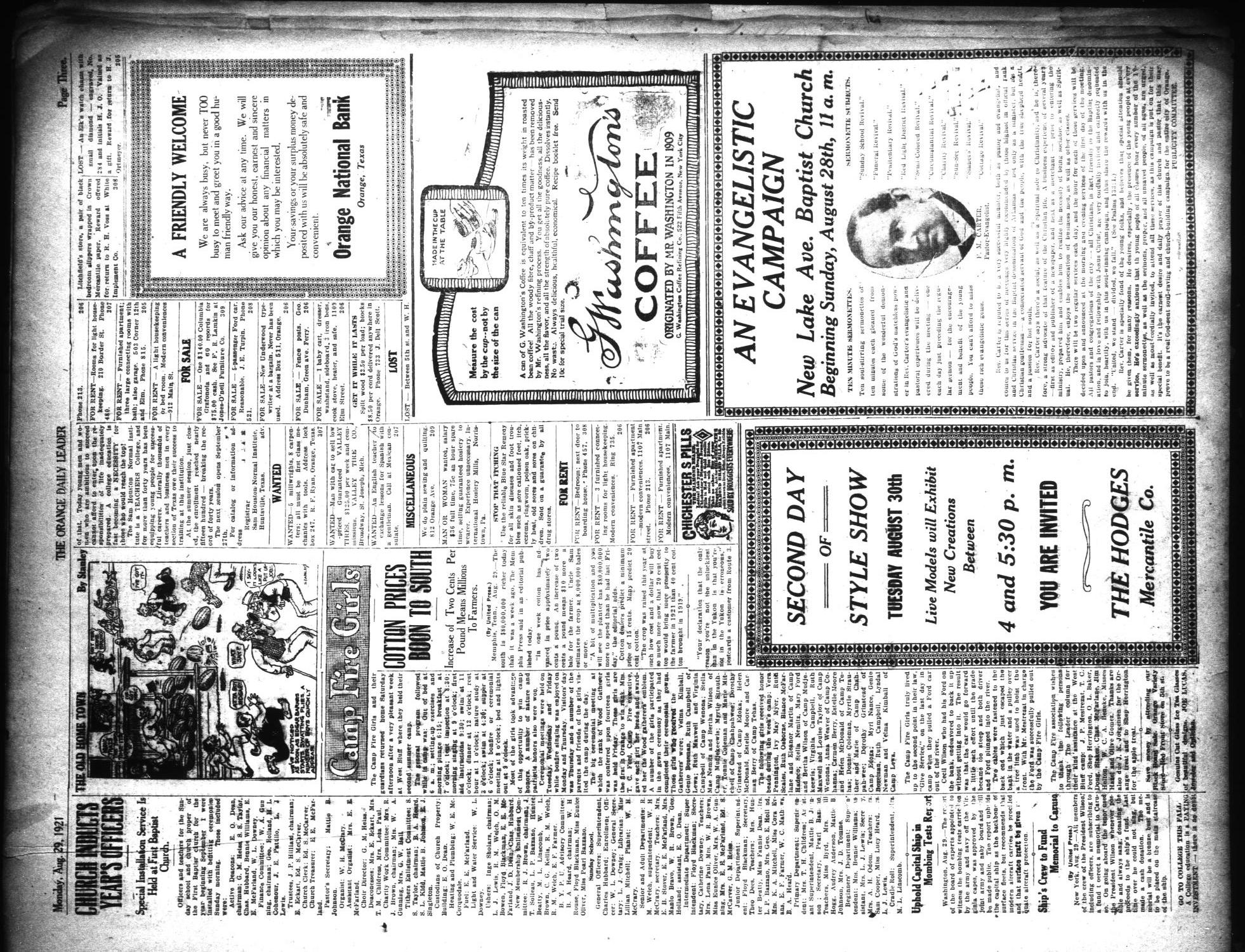 The Orange Daily Leader (Orange, Tex.), Vol. 17, No. 206, Ed. 1 Monday, August 29, 1921
                                                
                                                    [Sequence #]: 3 of 4
                                                
