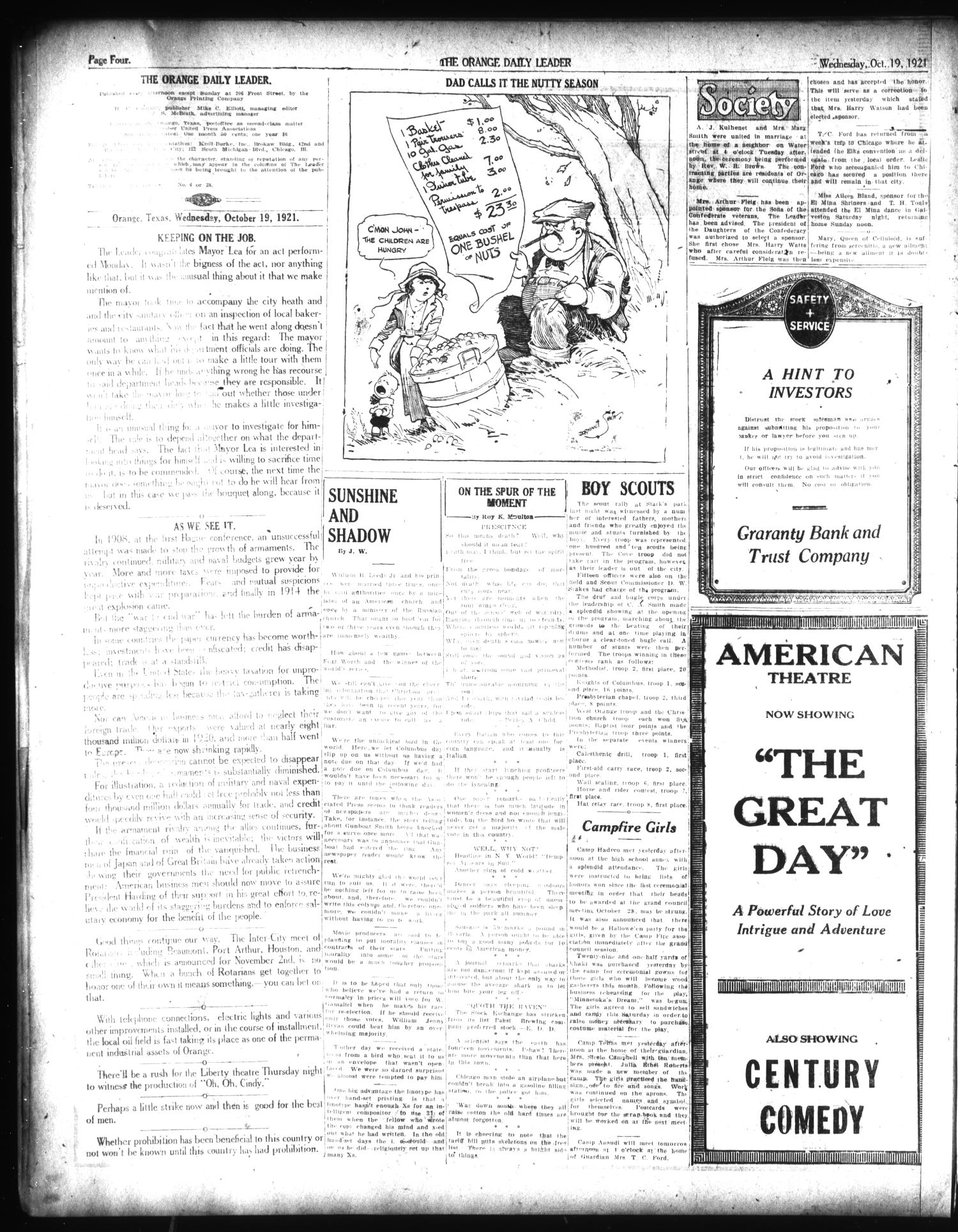 The Orange Daily Leader (Orange, Tex.), Vol. 17, No. 350, Ed. 1 Wednesday, October 19, 1921
                                                
                                                    [Sequence #]: 4 of 6
                                                
