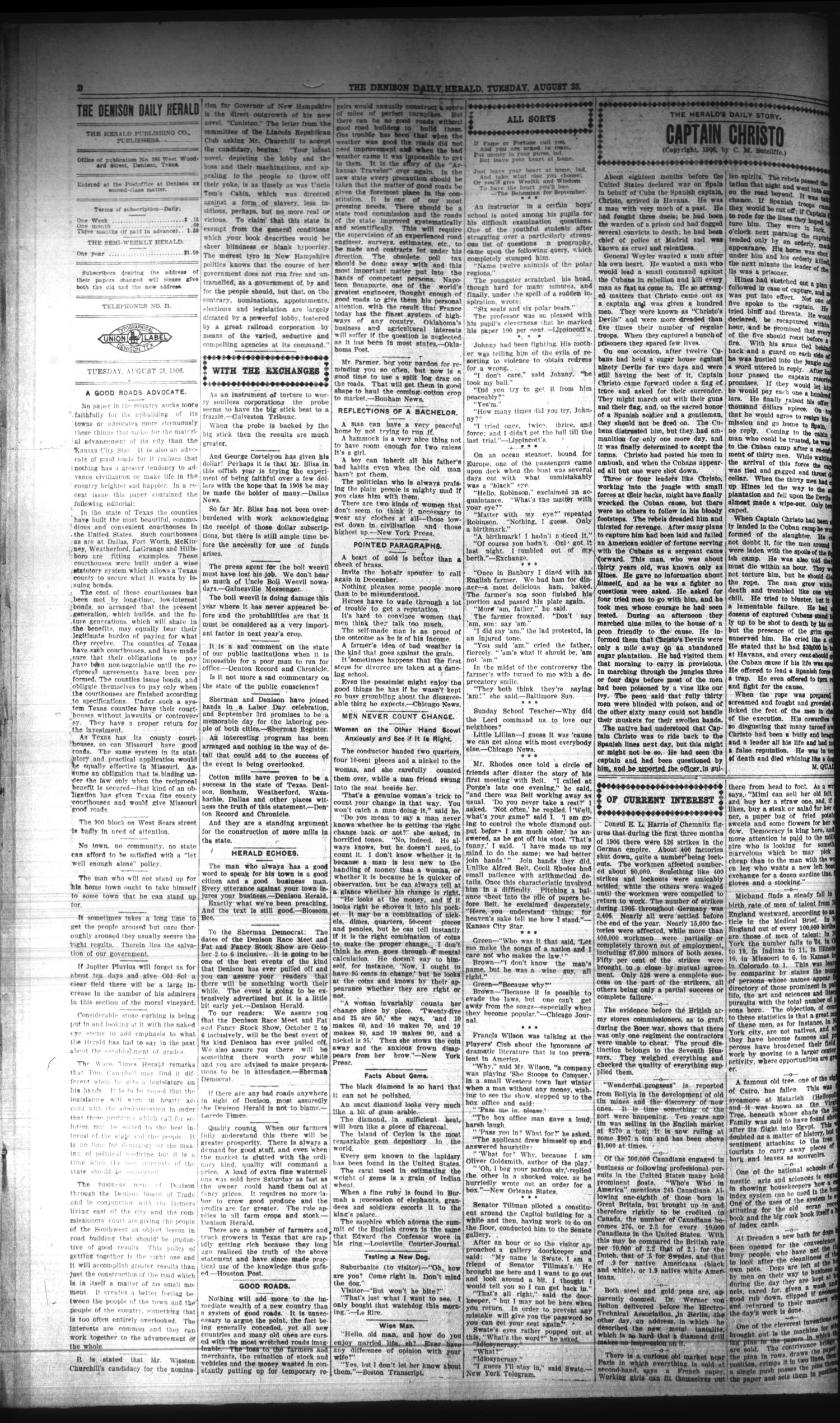 The Denison Daily Herald. (Denison, Tex.), Vol. 18, No. 39, Ed. 1 Tuesday, August 28, 1906
                                                
                                                    [Sequence #]: 2 of 8
                                                