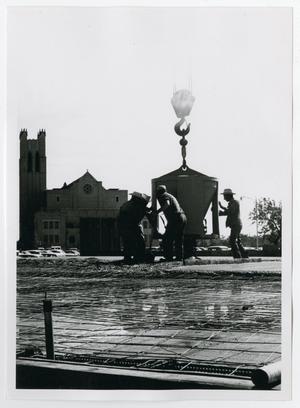 Primary view of object titled '[Construction of Jay-Rollins Library with Crane Bucket]'.