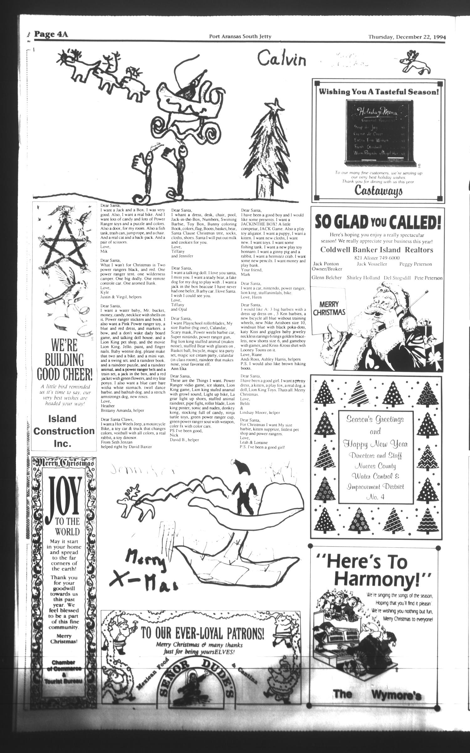 Port Aransas South Jetty (Port Aransas, Tex.), Vol. 24, No. 51, Ed. 1 Thursday, December 22, 1994
                                                
                                                    [Sequence #]: 4 of 26
                                                