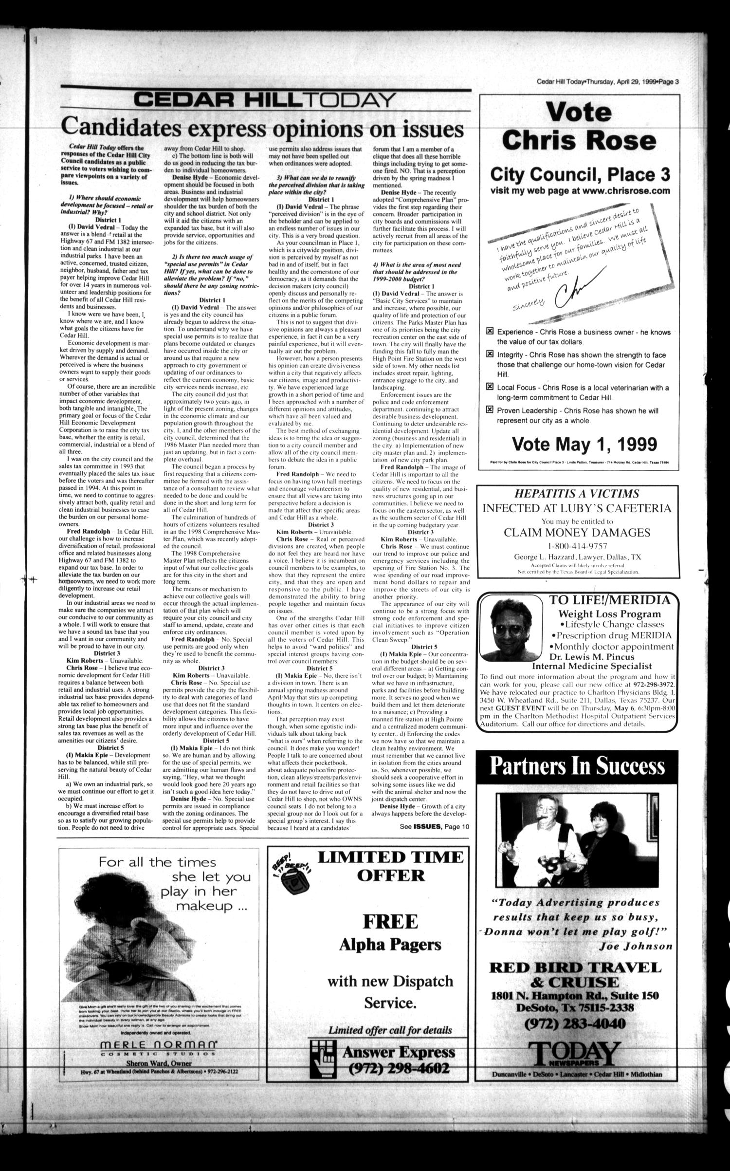 Today Cedar Hill (Duncanville, Tex.), Vol. 34, No. 6, Ed. 1 Thursday, April 29, 1999
                                                
                                                    [Sequence #]: 3 of 24
                                                