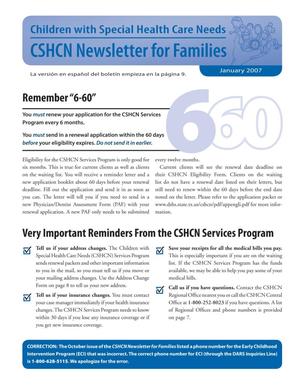Children with Special Health Care Needs: Newsletter for Families, January 2007