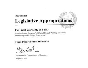 Primary view of object titled 'Texas Department of Insurance Requests for Legislative Appropriations: Fiscal Years 2012 and 2013'.