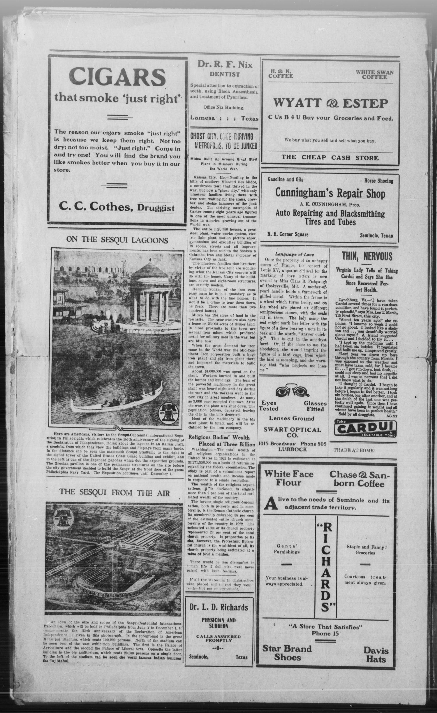 The Seminole Sentinel (Seminole, Tex.), Vol. 20, No. 21, Ed. 1 Thursday, August 19, 1926
                                                
                                                    [Sequence #]: 4 of 4
                                                