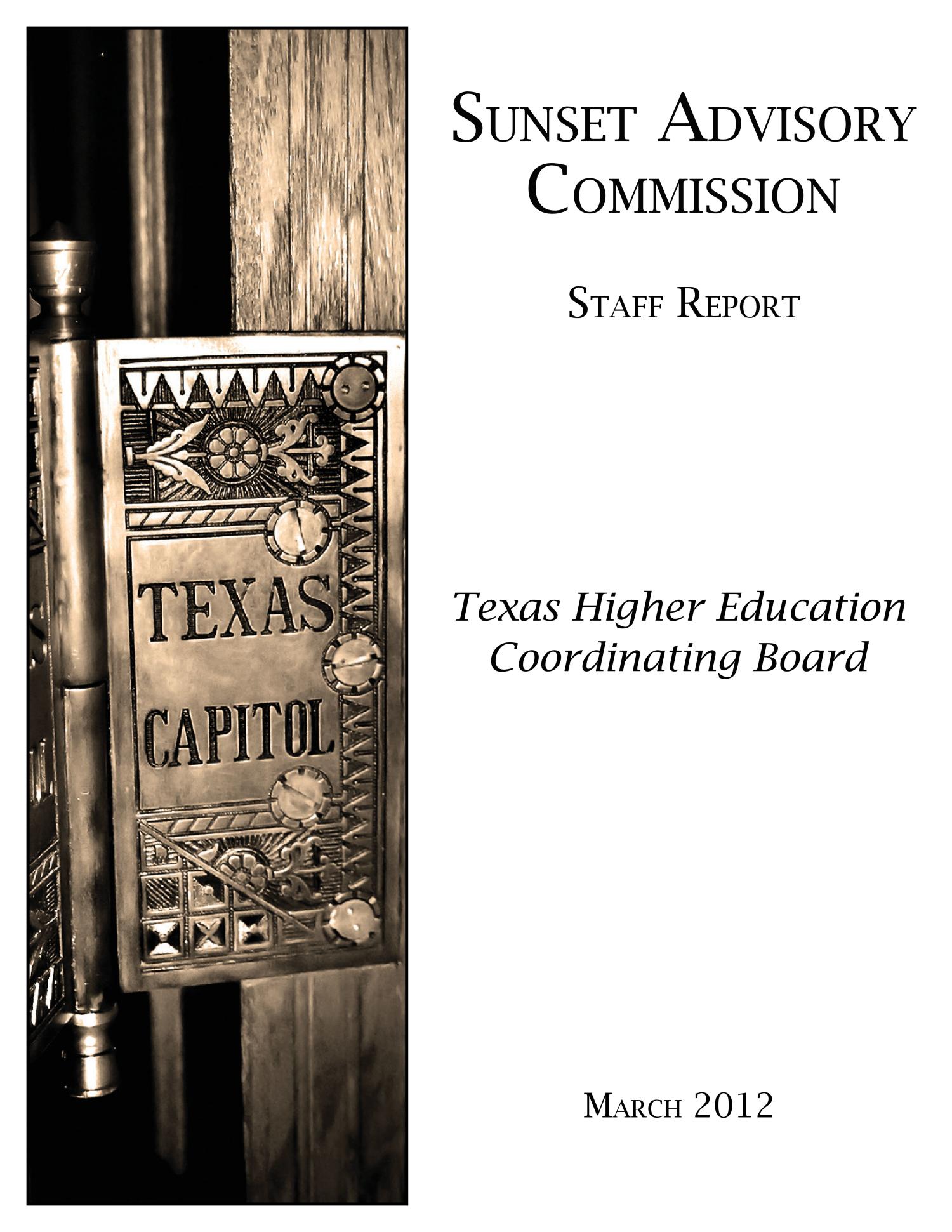 Sunset Commission Staff Report: Texas Higher Education Coordinating Board
                                                
                                                    Title Page
                                                