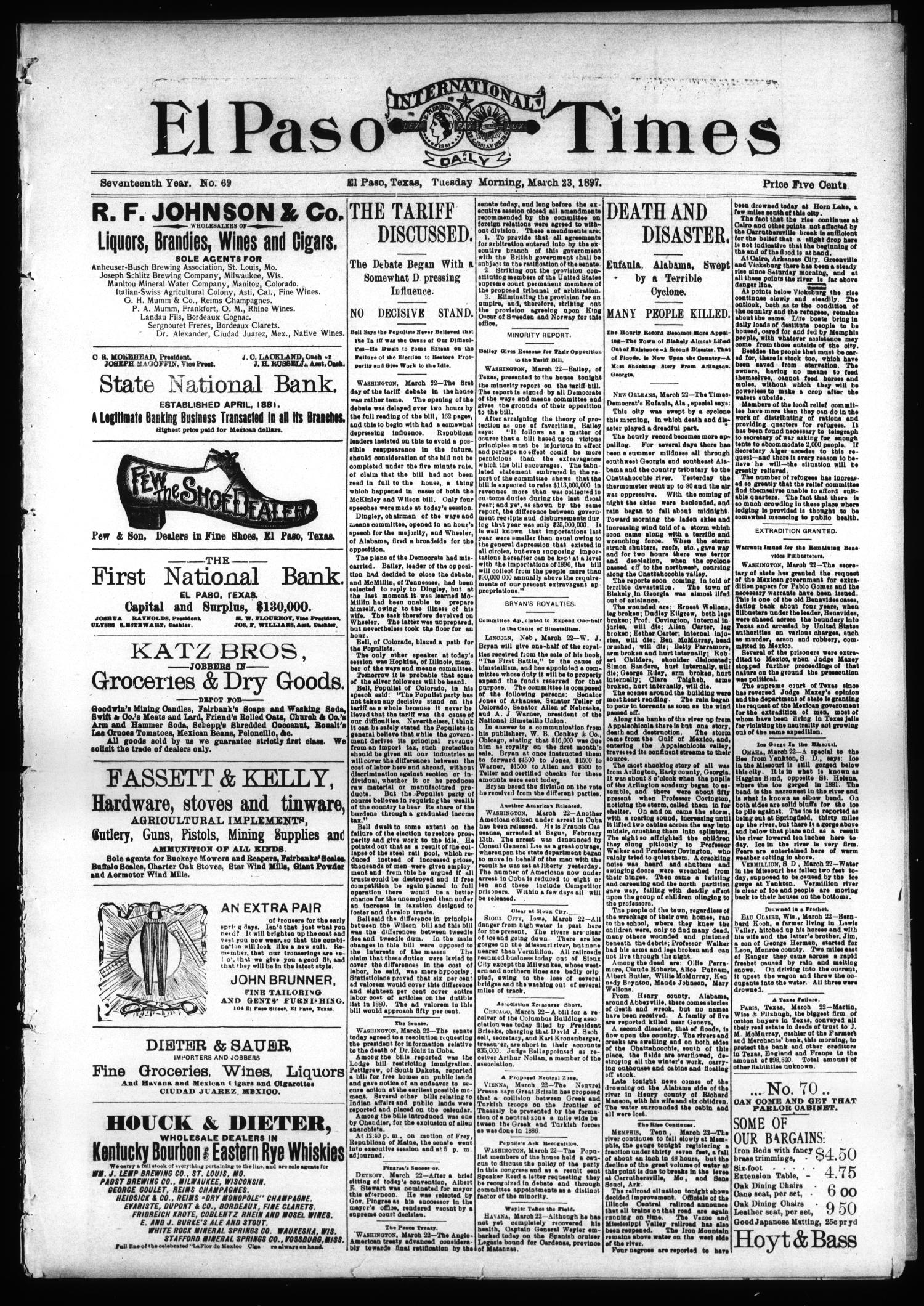 El Paso International Daily Times (El Paso, Tex.), Vol. 17, No. 69, Ed. 1 Wednesday, June 23, 1897
                                                
                                                    [Sequence #]: 1 of 8
                                                