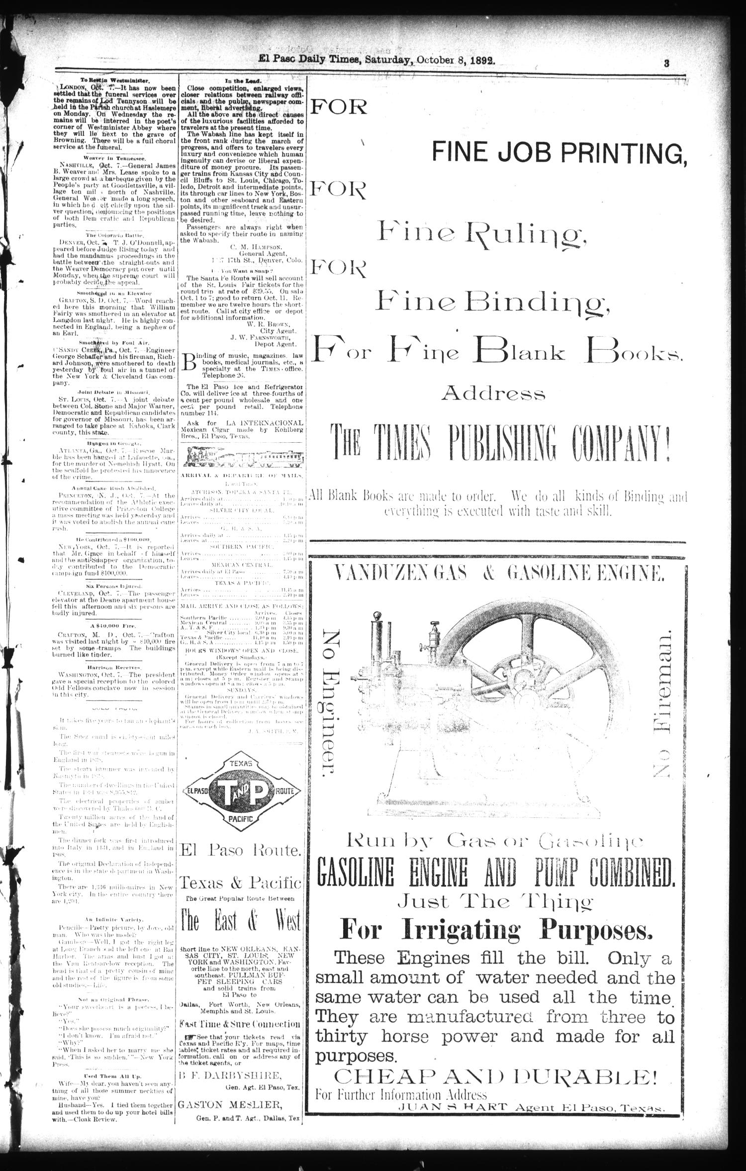 El Paso International Daily Times (El Paso, Tex.), Vol. 12, No. 234, Ed. 1 Saturday, October 8, 1892
                                                
                                                    [Sequence #]: 3 of 8
                                                