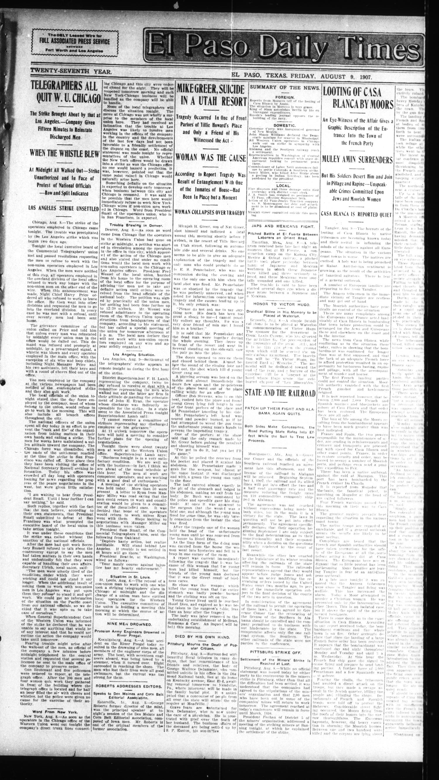 El Paso Daily Times (El Paso, Tex.), Vol. 27, Ed. 1 Friday, August 9, 1907
                                                
                                                    [Sequence #]: 1 of 8
                                                