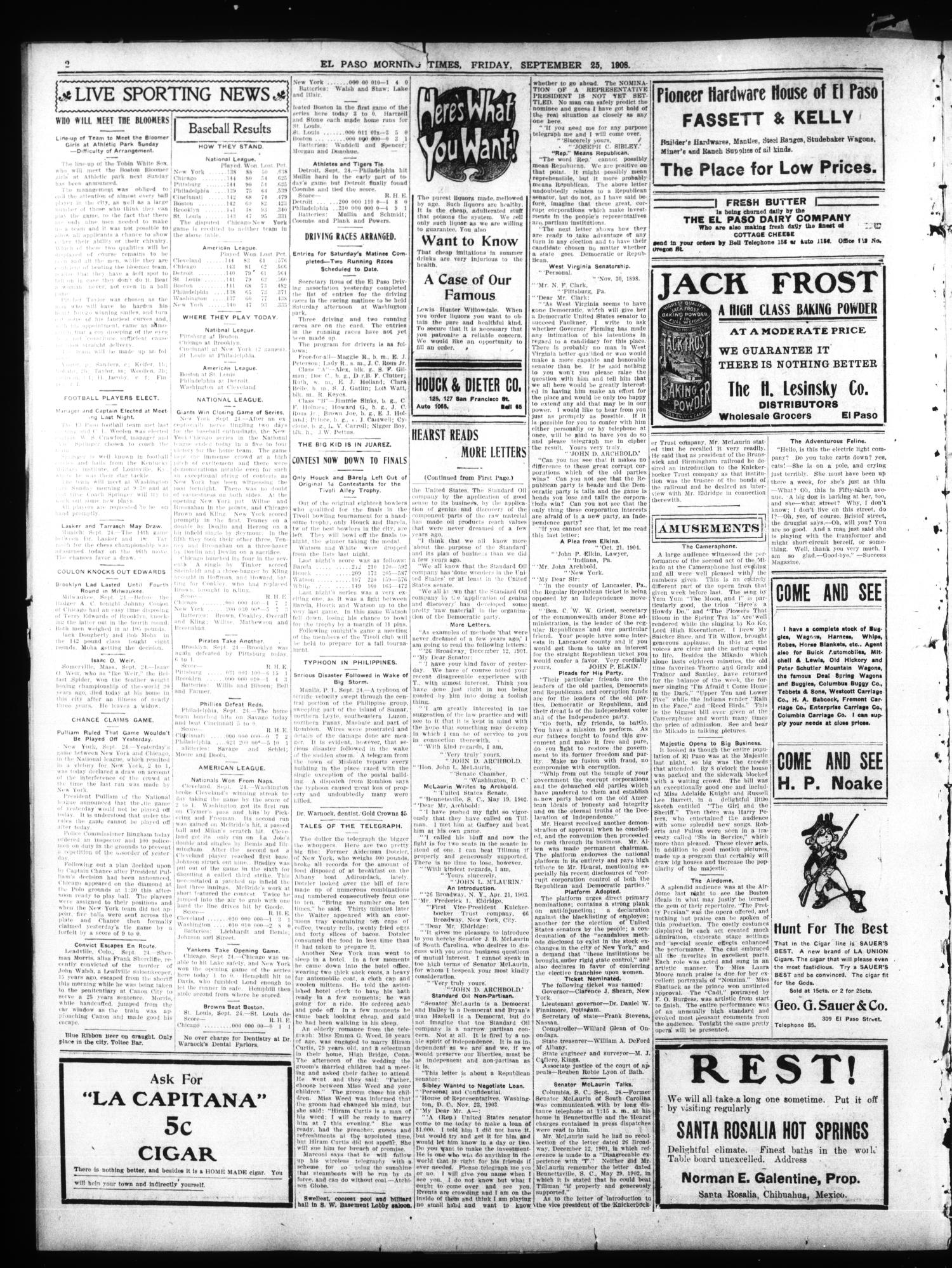 El Paso Daily Times (El Paso, Tex.), Vol. 28, Ed. 1 Friday, September 25, 1908
                                                
                                                    [Sequence #]: 2 of 8
                                                