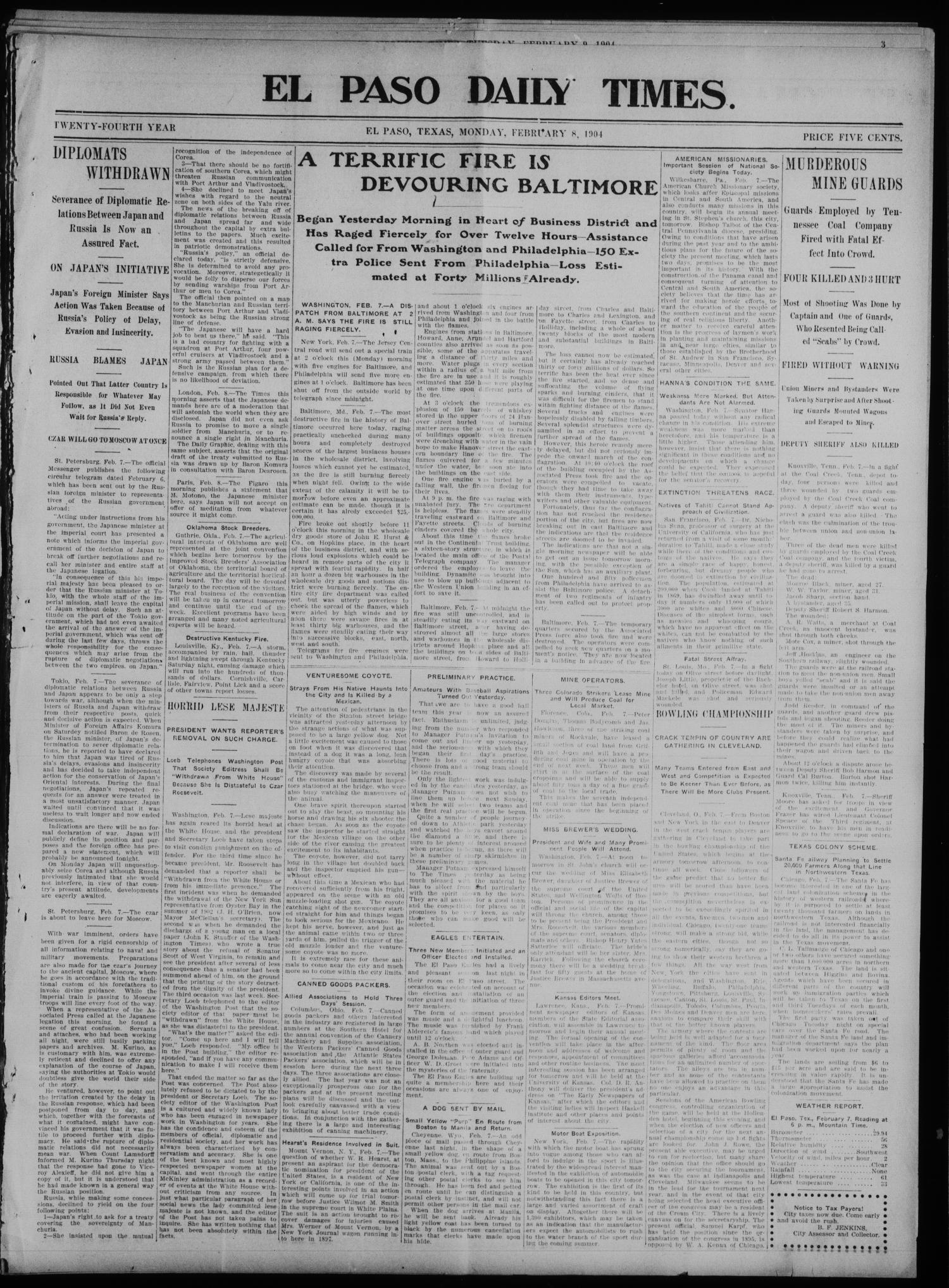 El Paso Daily Times. (El Paso, Tex.), Vol. 24, Ed. 1 Monday, February 8, 1904
                                                
                                                    [Sequence #]: 1 of 6
                                                