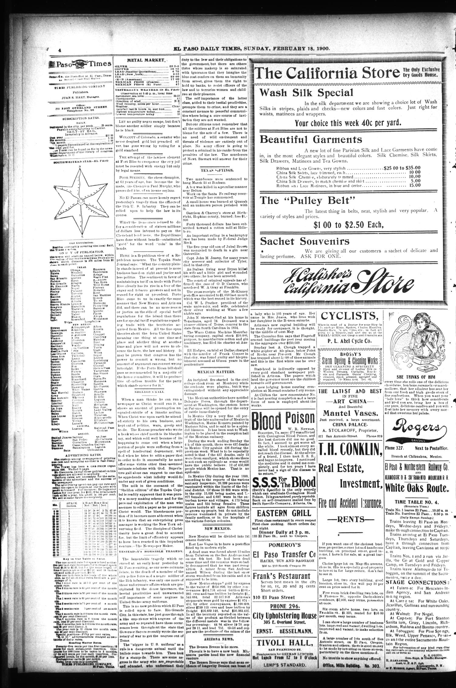 El Paso International Daily Times (El Paso, Tex.), Vol. 20, No. 42, Ed. 1 Sunday, February 18, 1900
                                                
                                                    [Sequence #]: 4 of 8
                                                