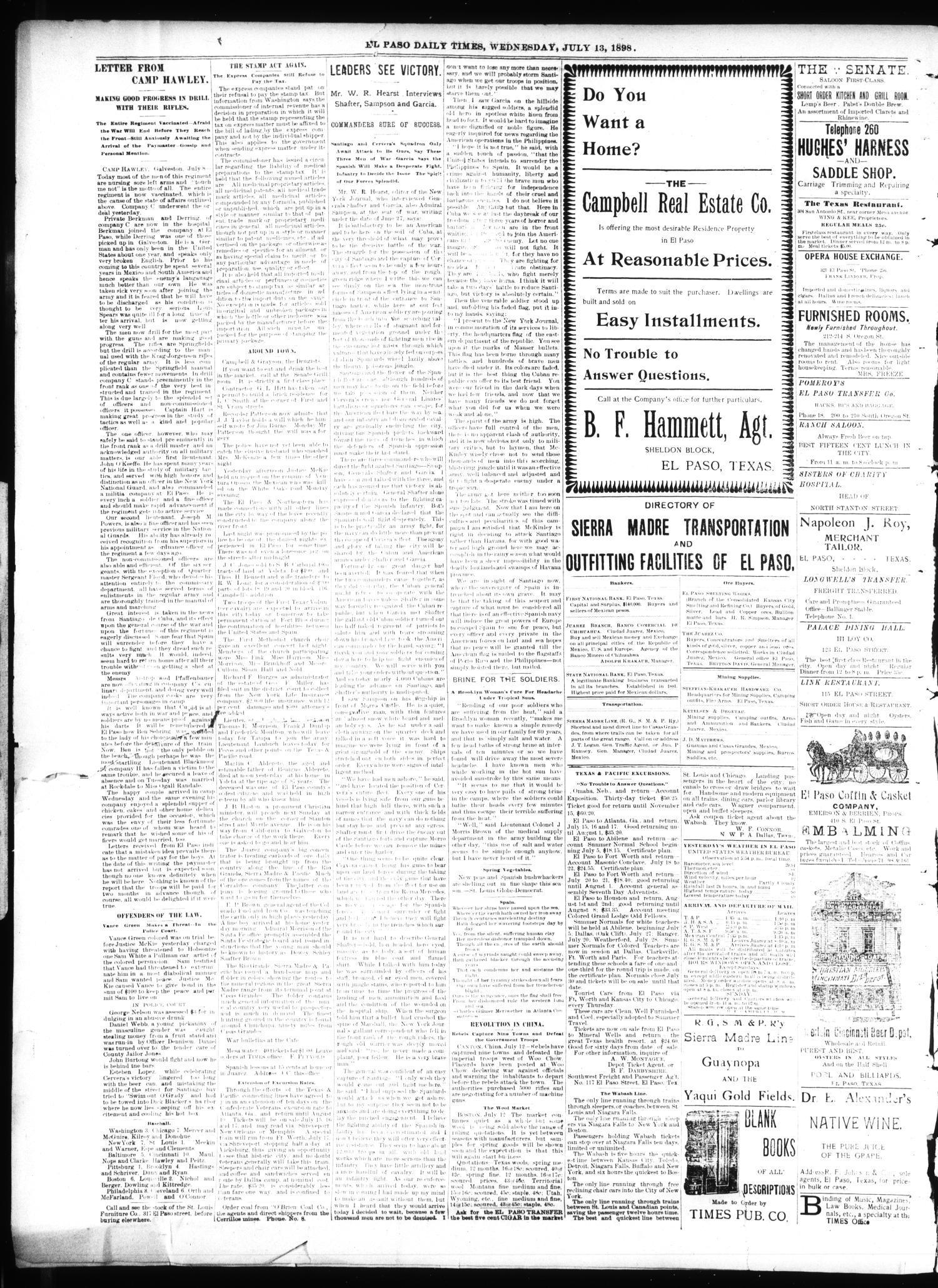 El Paso International Daily Times (El Paso, Tex.), Vol. 18, No. 166, Ed. 1 Wednesday, July 13, 1898
                                                
                                                    [Sequence #]: 4 of 4
                                                