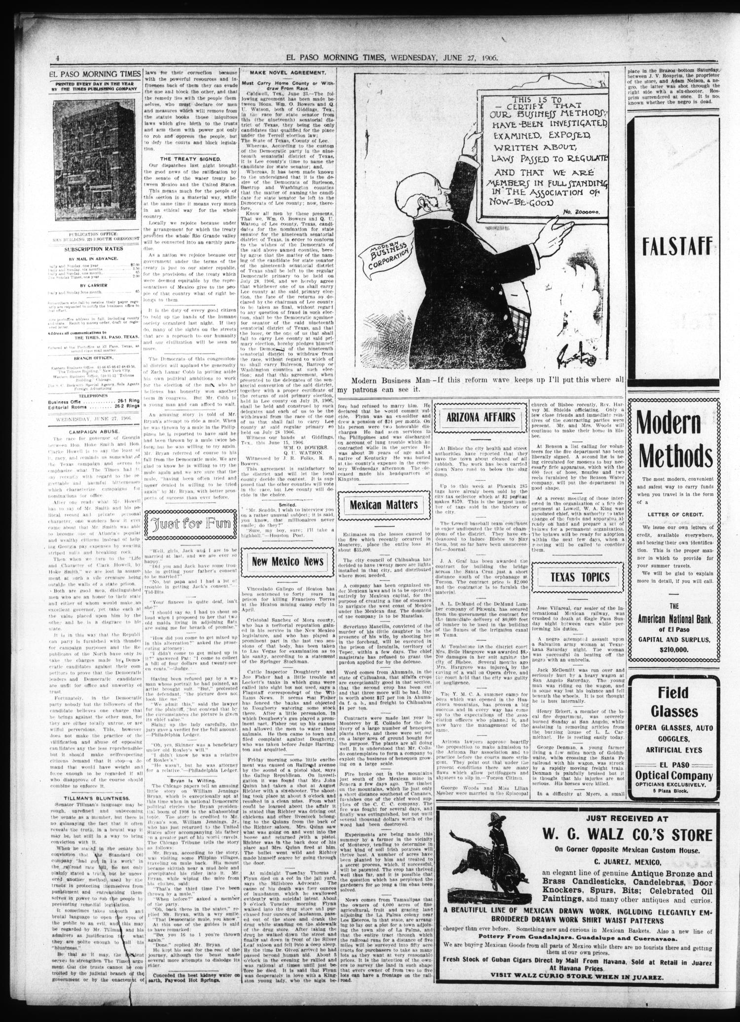 El Paso Daily Times (El Paso, Tex.), Vol. 26, Ed. 1 Wednesday, June 27, 1906
                                                
                                                    [Sequence #]: 4 of 8
                                                