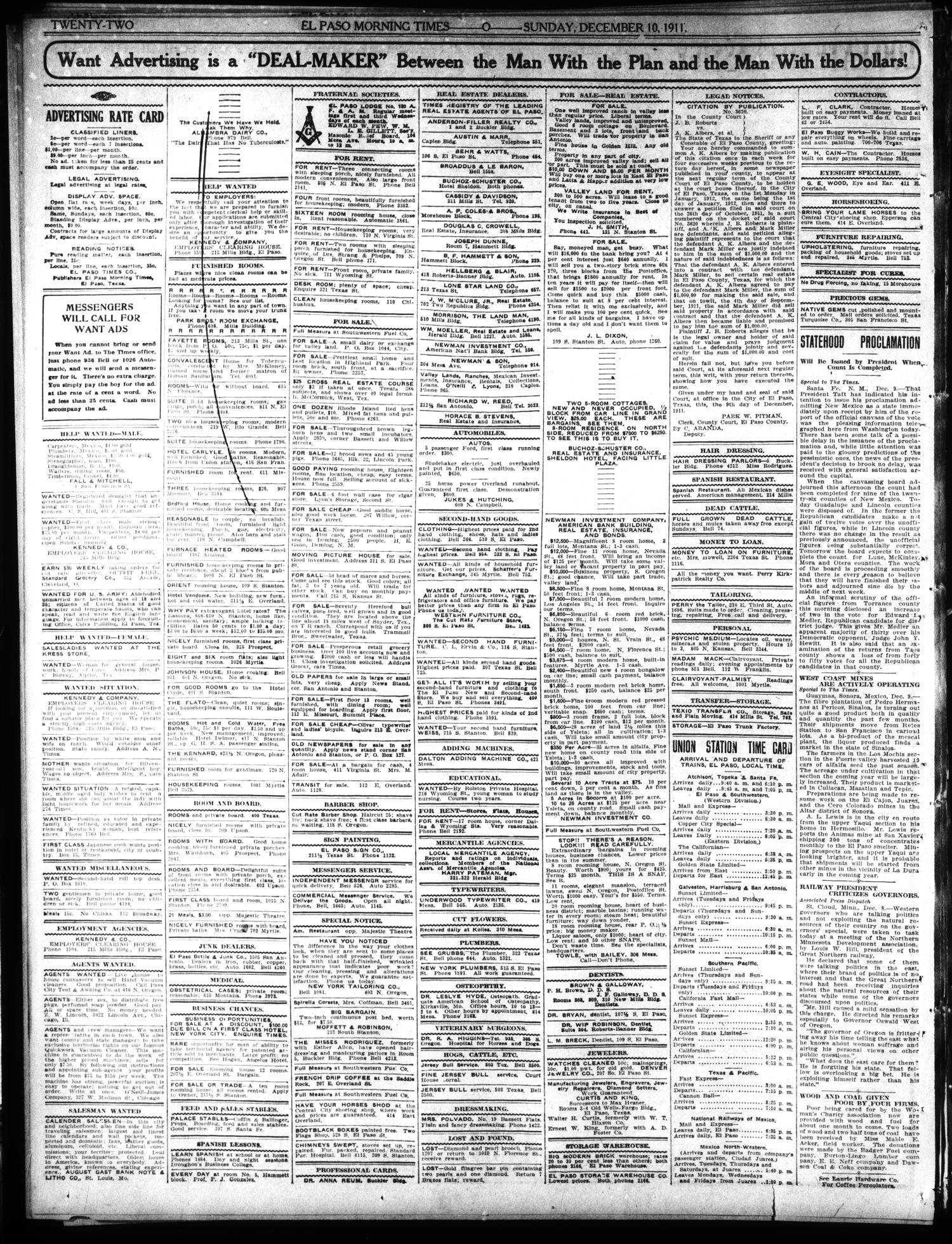 El Paso Morning Times (El Paso, Tex.), Vol. 32, Ed. 1 Sunday, December 10, 1911
                                                
                                                    [Sequence #]: 22 of 28
                                                