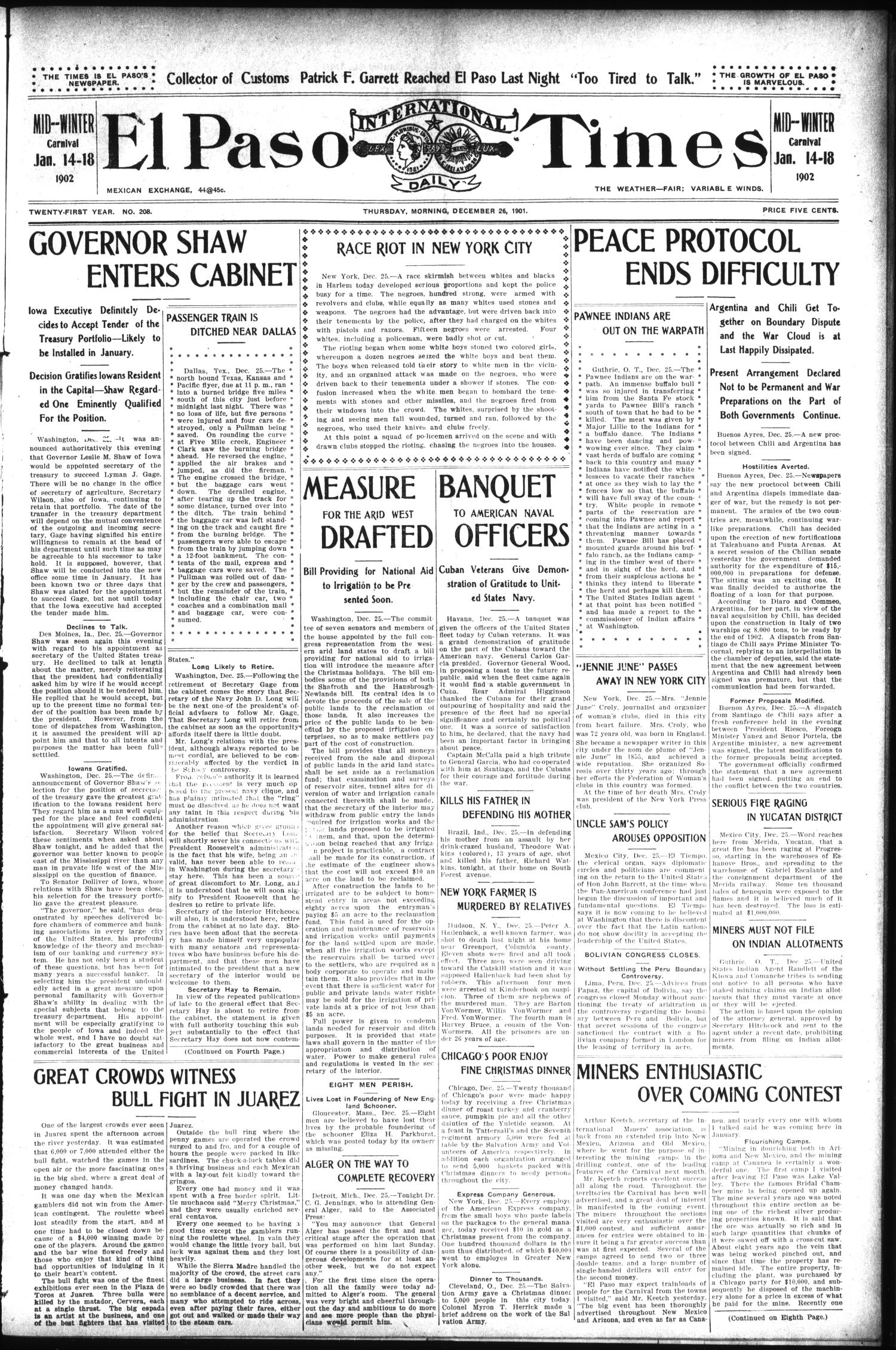 El Paso International Daily Times (El Paso, Tex.), Vol. 21, No. 208, Ed. 1 Thursday, December 26, 1901
                                                
                                                    [Sequence #]: 1 of 8
                                                