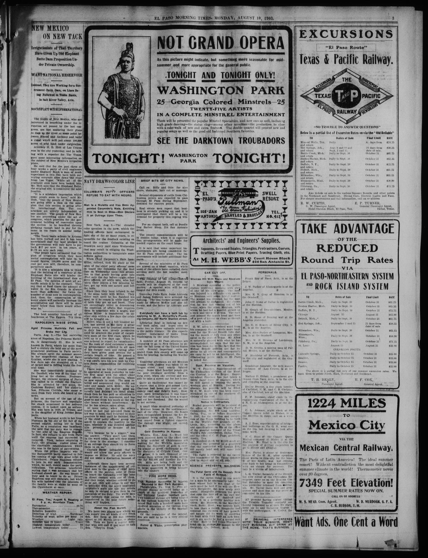 El Paso Daily Times. (El Paso, Tex.), Vol. 23, No. 88, Ed. 1 Monday, August 10, 1903
                                                
                                                    [Sequence #]: 3 of 8
                                                